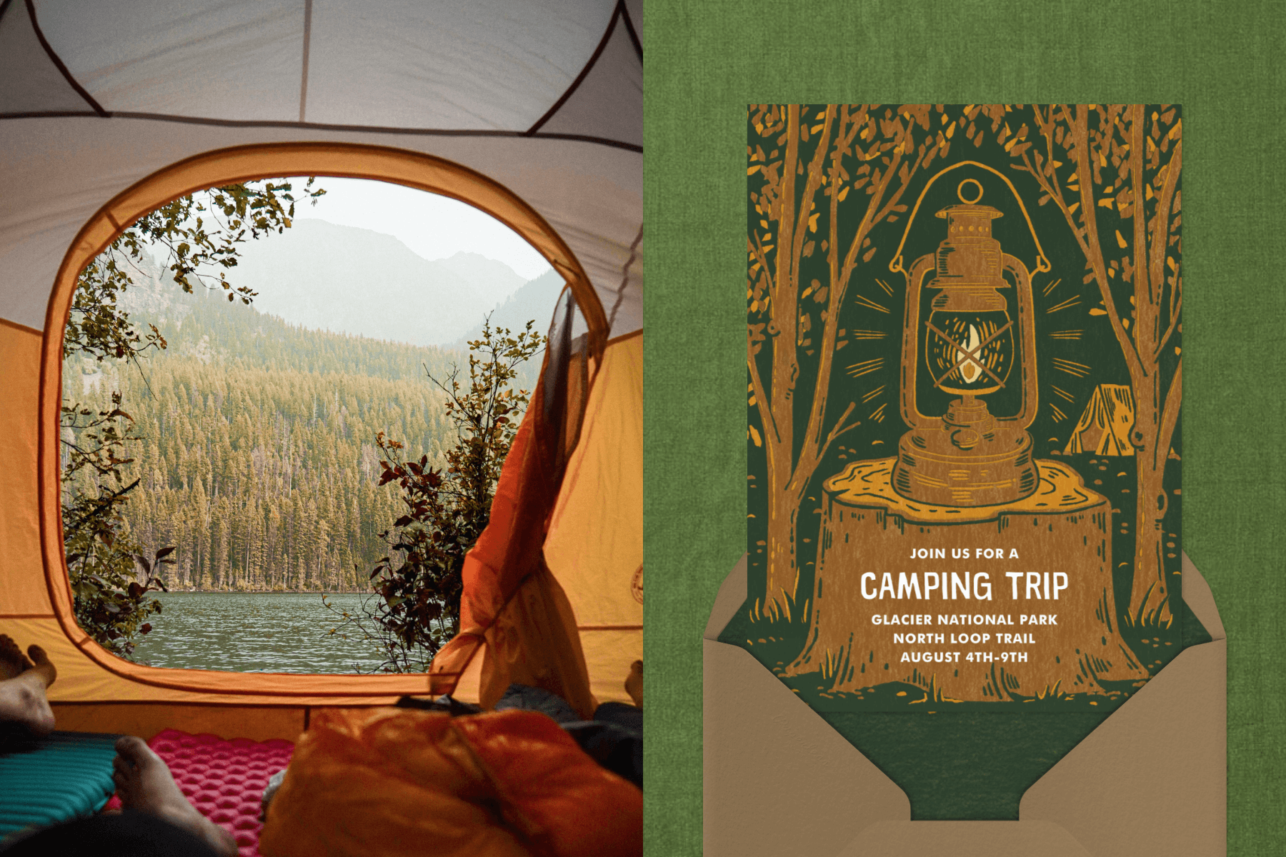 The view from inside a tent of a body of water and forest; A camping trip invitation. 