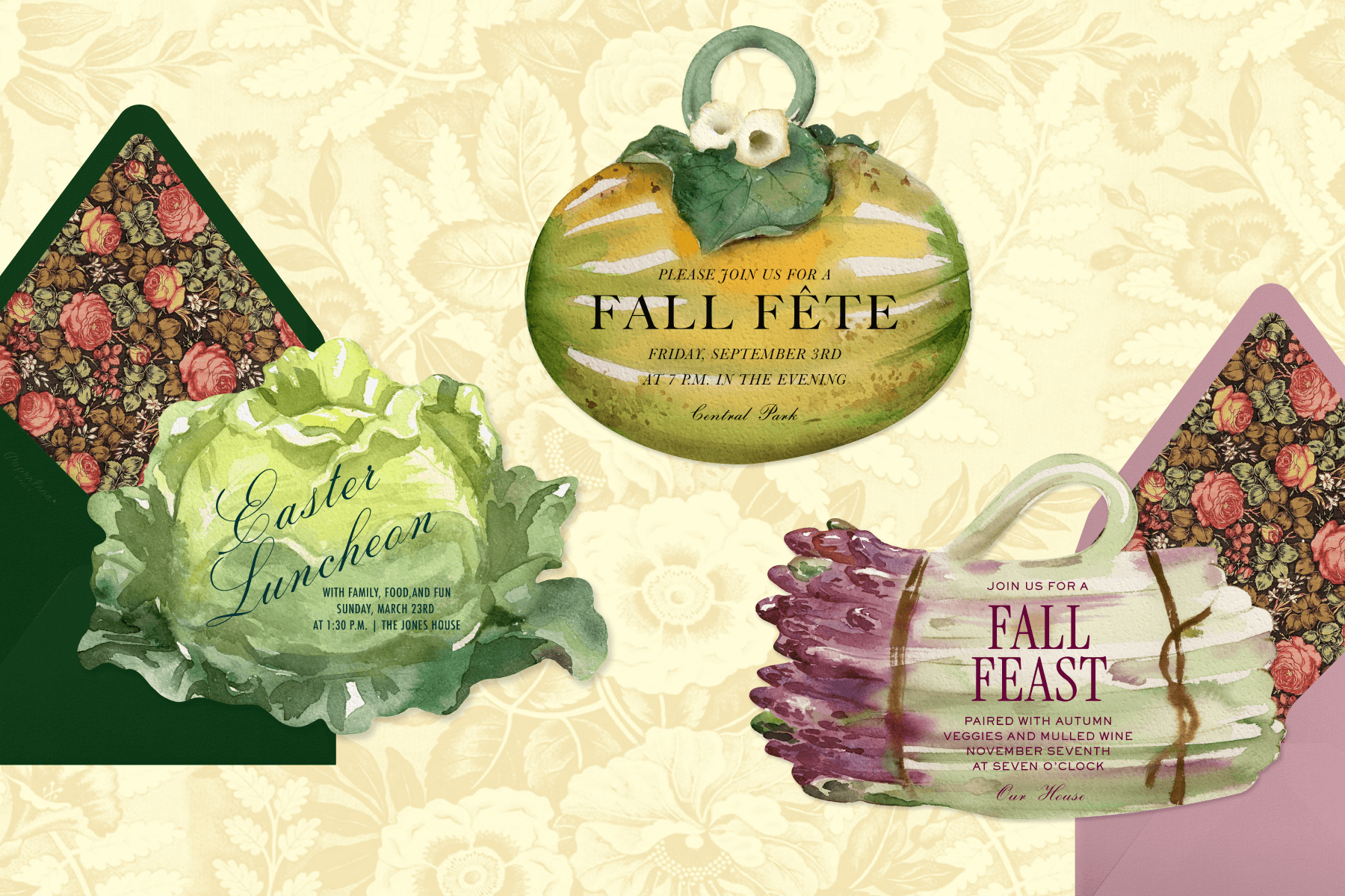 Invitations inspired by a cabbage-shaped tureen, a melon-shaped dish, and an asparagus-shaped tureen with matching envelopes.