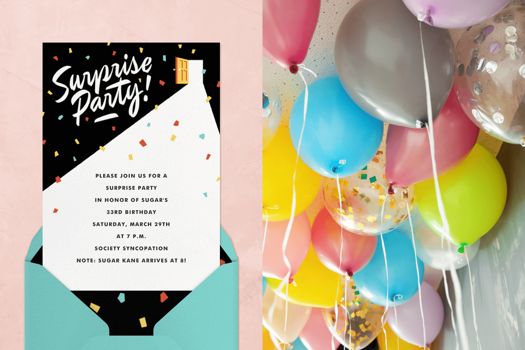 Left: A surprise party invitation shows a small door opening in the upper right corner streaming light into a black room with rainbow confetti. Right: Pastel-colored and sparkly balloons float up to a ceiling.