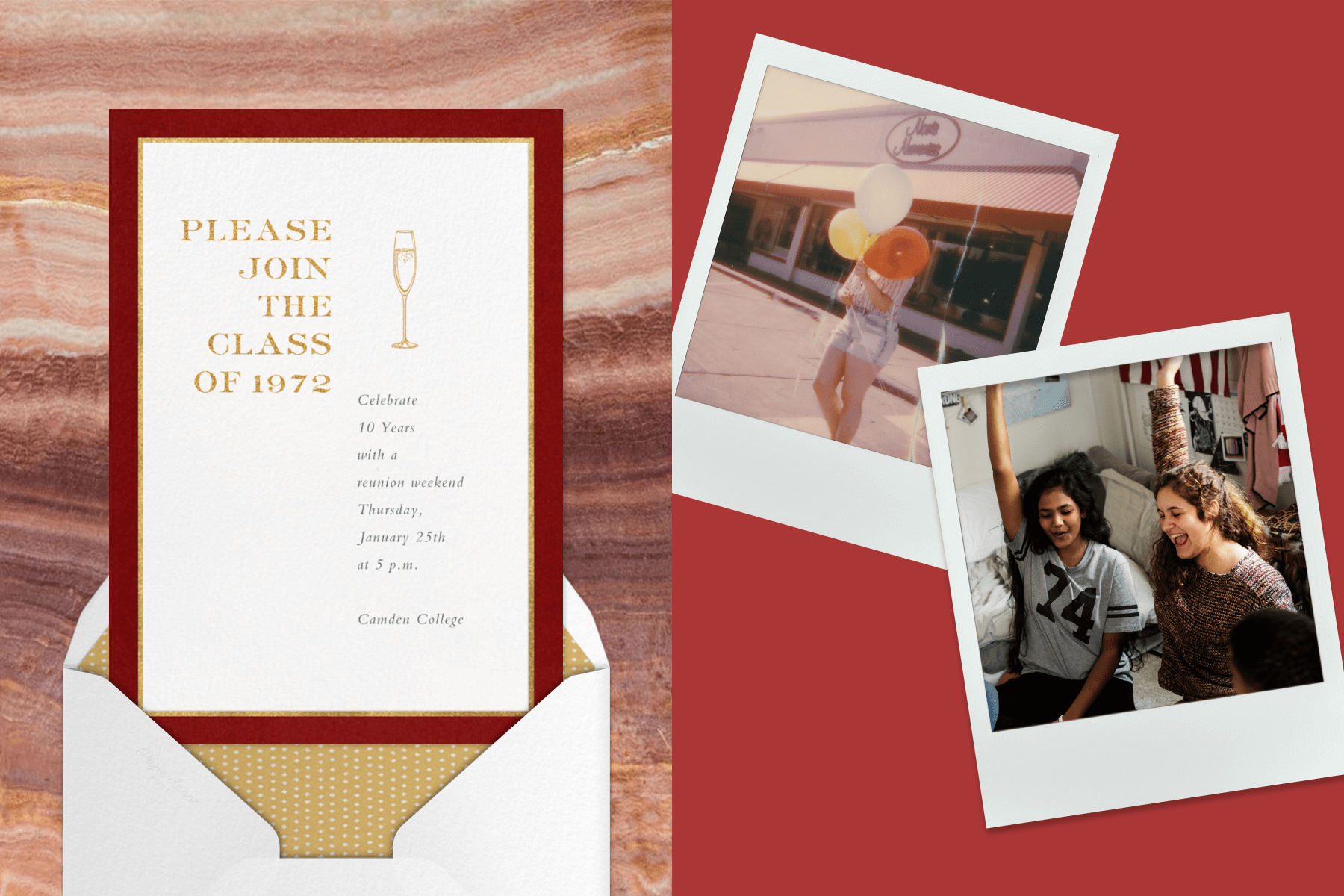 A white and gold reunion invitation with a maroon border; Vintage-looking Polaroid photos on a maroon background.