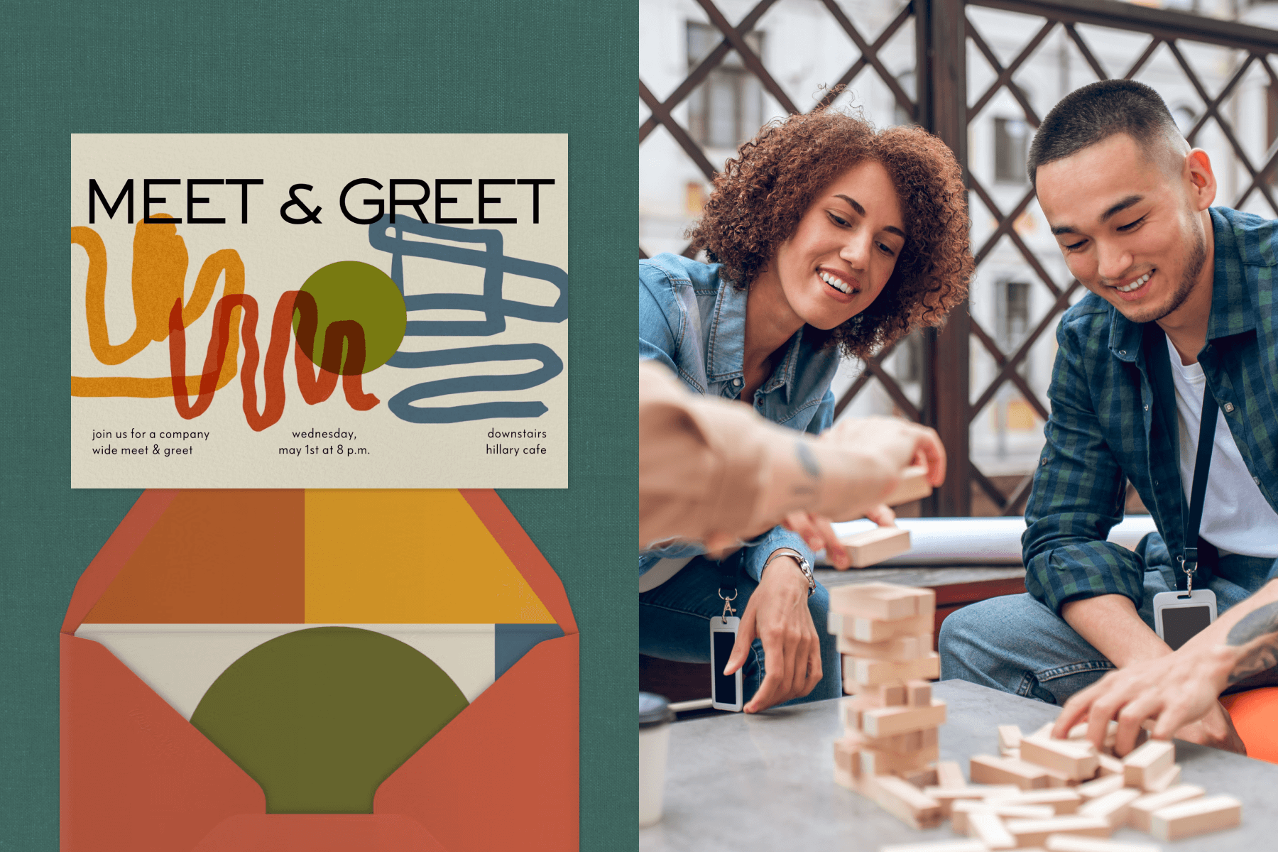 An invitation for a meet and greet with abstract, colorful art and a matching envelope; A group of people are smiling while playing Jenga at a table.