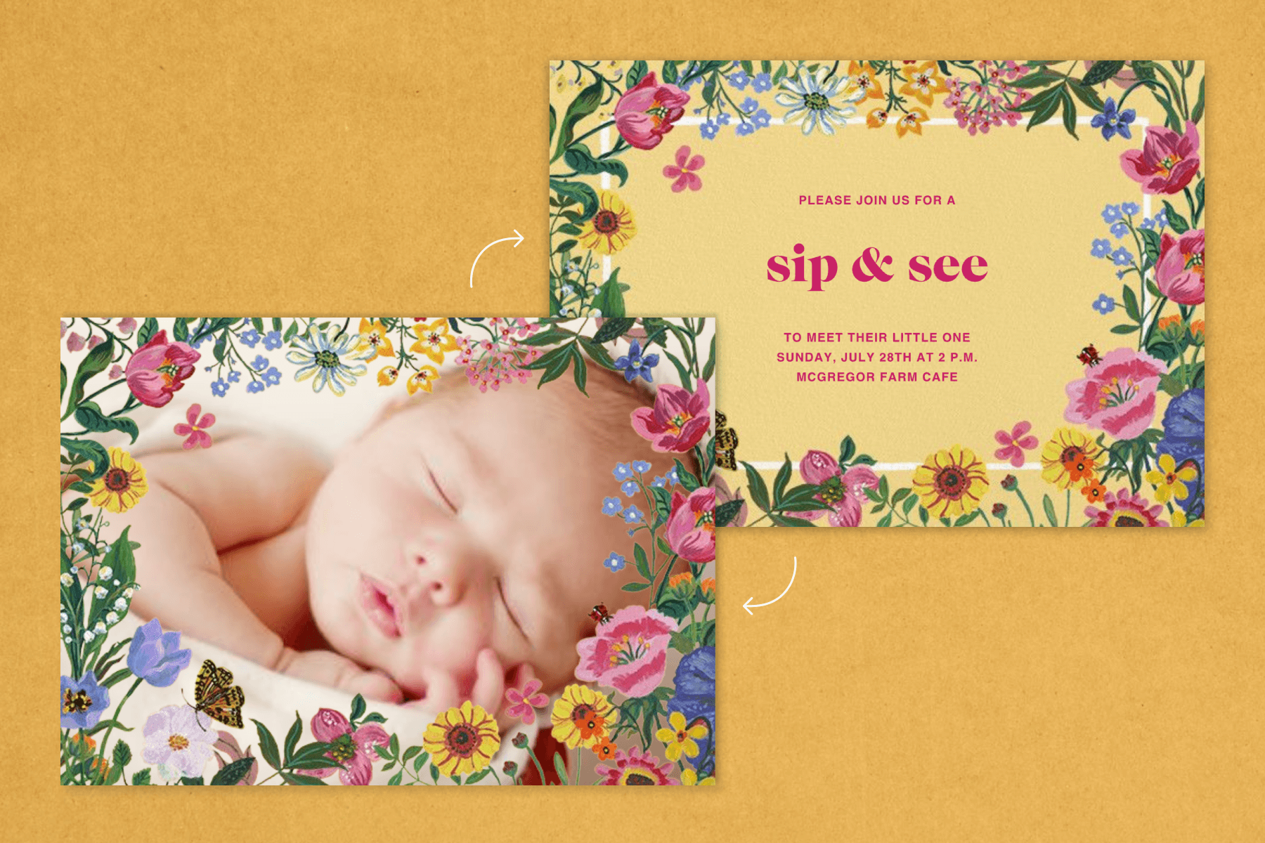 Two sides of a sip and see invitation featuring a floral border, with a photo of the baby on one side and pink text with the event details on the other side. 