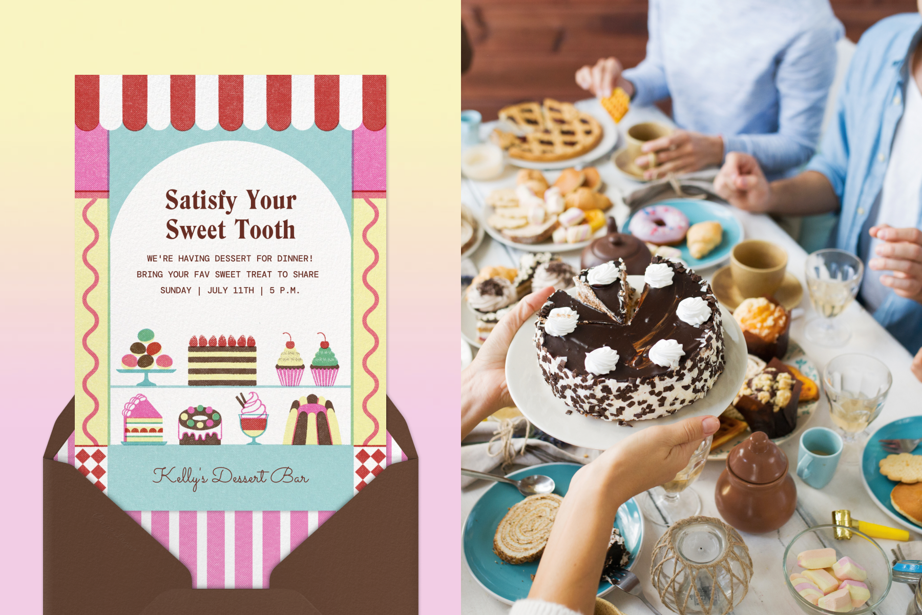 An invitation reading ‘SATISFY YOUR SWEET TOOTH’ with illustrations of various desserts in a bakery window; A table full of cakes, donuts, pie, and other dessert items.