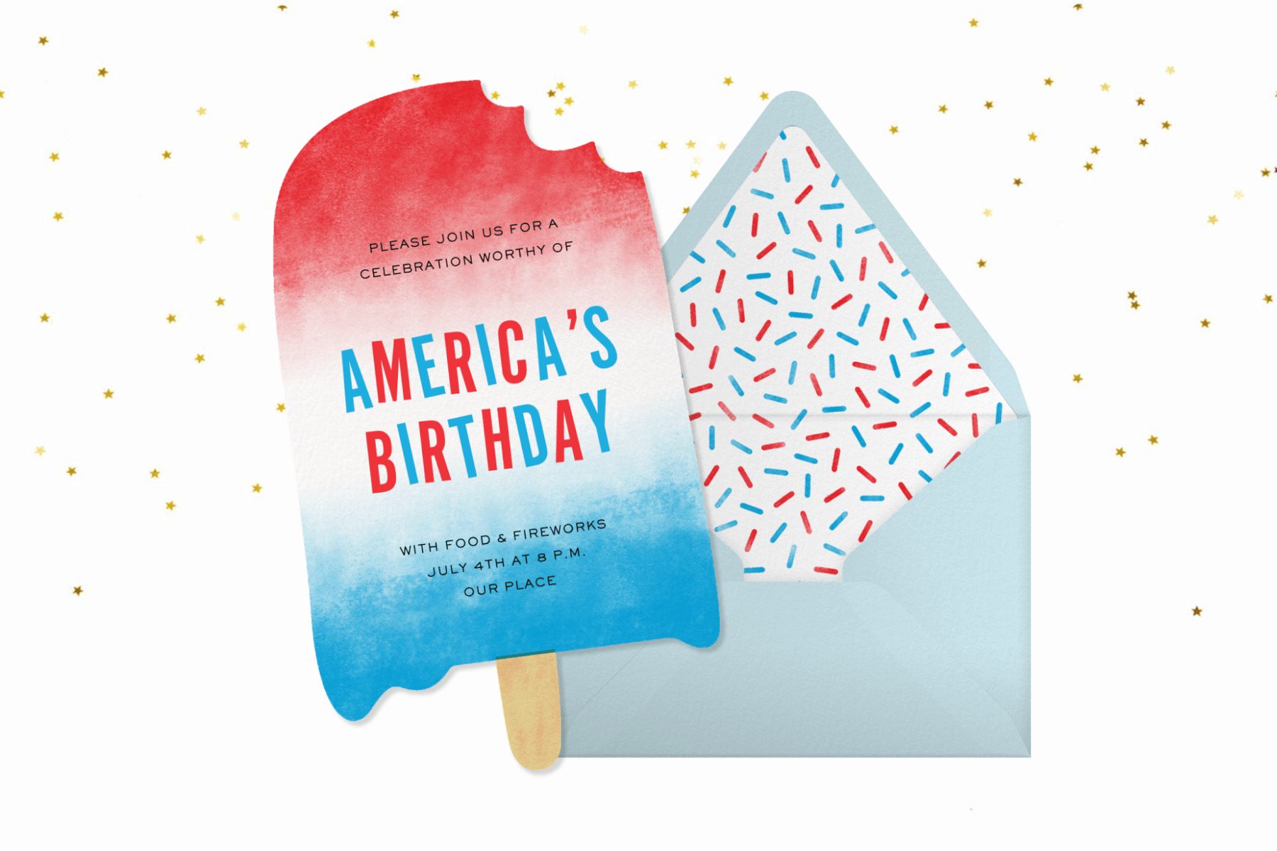 An invitation shaped like a red, white, and blue popsicle with a light blue envelope with sprinkles liner.
