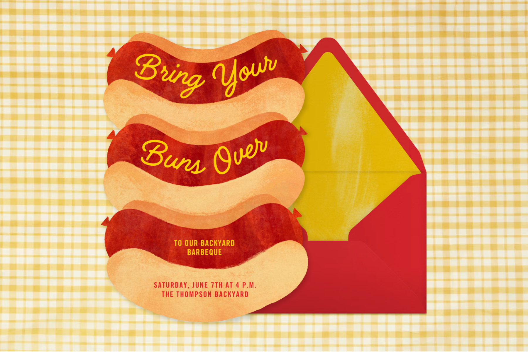 An invitation for a backyard barbeque shaped like three hot dogs with text reading ‘BRING YOUR BUNS OVER’.