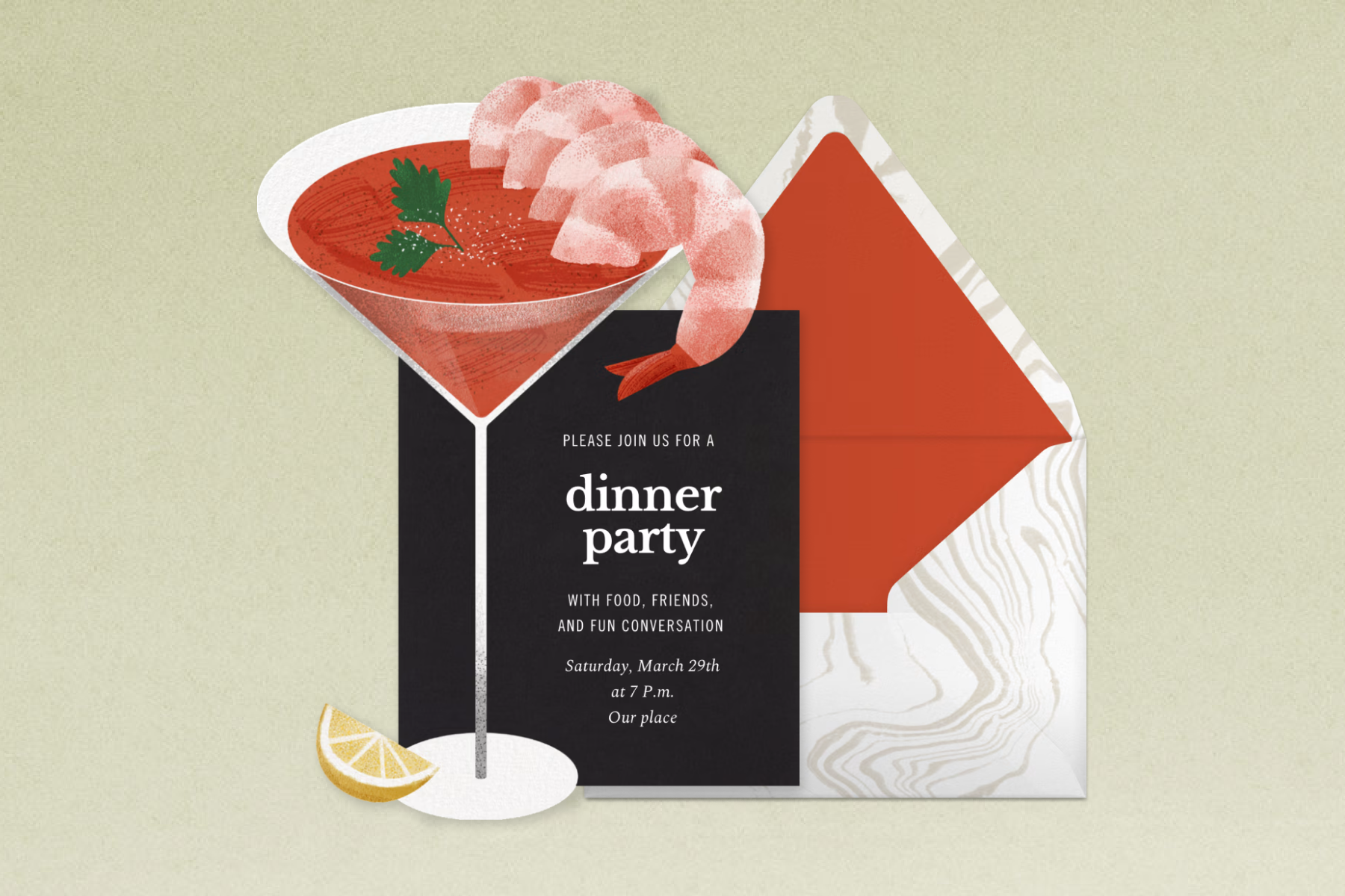 A black dinner party invitation with white text and a large shrimp cocktail coming off the page.