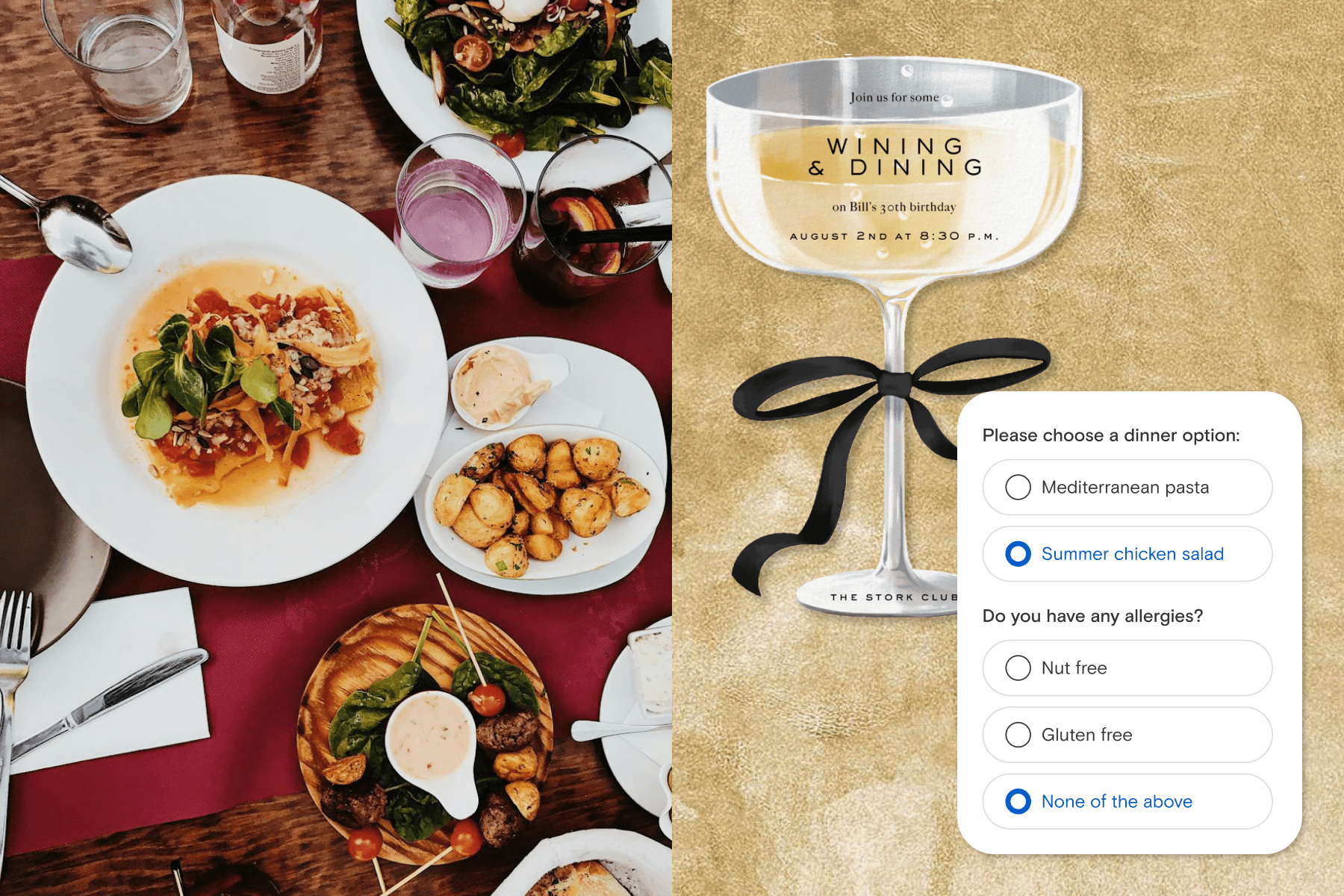 A table full of plates of food and drinks; An invitation shaped like a wine glass and a Guest Survey about food preferences.
