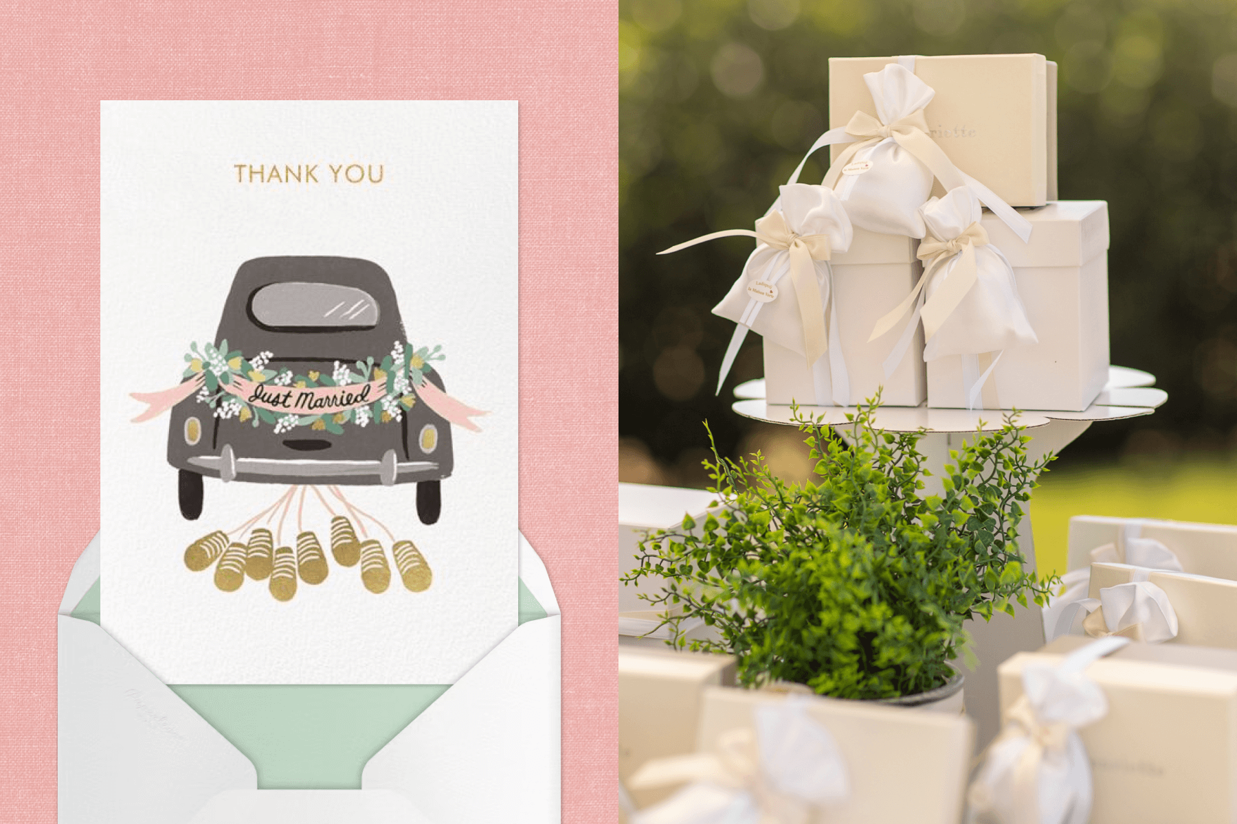 A thank you card with an illustration of a ‘JUST MARRIED’ car driving away; A table topped with white boxes of presents tied with white ribbon.