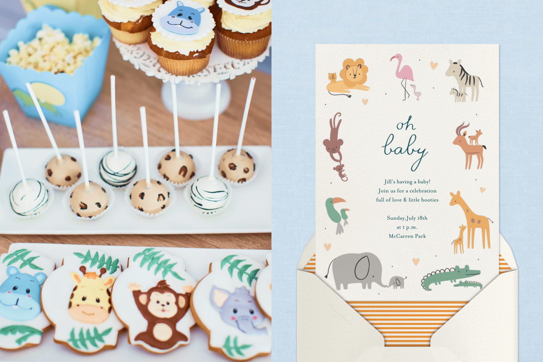 A baby shower invitation with animals; Cookies, cupcakes, and other treats with animal decorations.