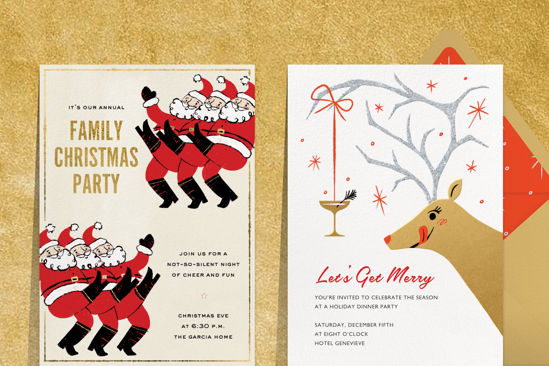 A Christmas party invitation featuring multiple Santas doing the cancan; A holiday party invitation featuring a reindeer with a cocktail tied to its antlers.