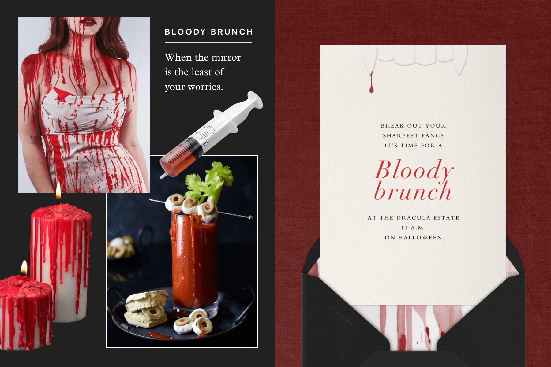 From left: A woman wearing a white dress with fake blood all over her, white candles with red wax dripping from the top, a syringe with a cocktail inside, a bloody mary with olives and fake teeth, a Halloween invitation that says “Bloody brunch” with an illustration of vampire teeth.