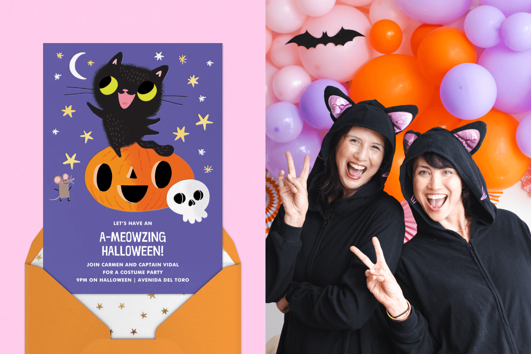 A Halloween invitation with a jack-o-lantern and a black cat; Eunice and Sabrina Moyle pose in black cat onesies. 