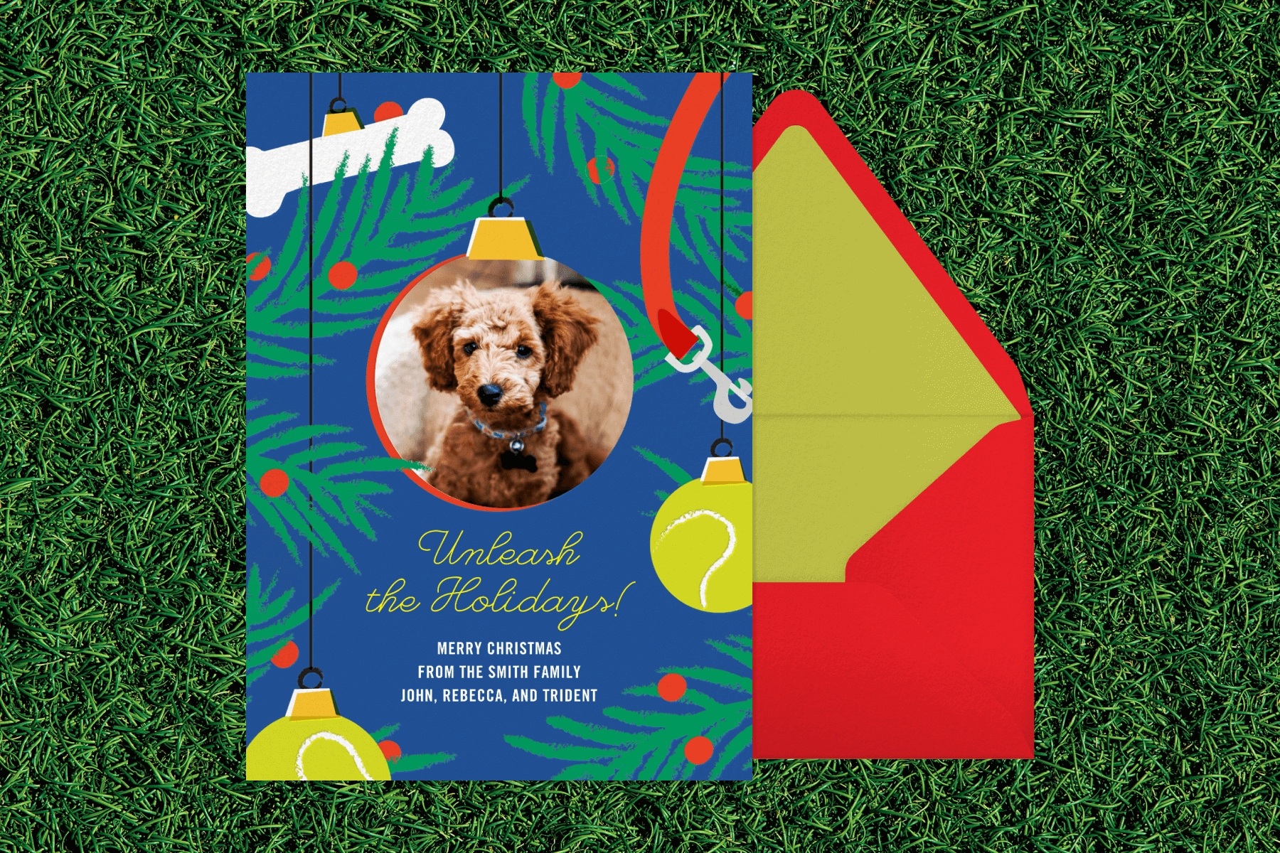 A holiday card featuring a photo of a dog.