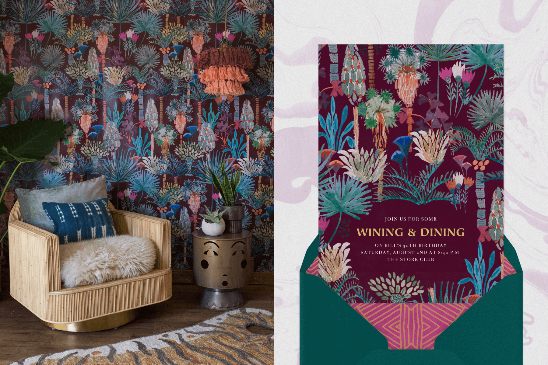 A room with colorful plant-themed wallpaper; An invitation featuring the same colorful plant-themed pattern.