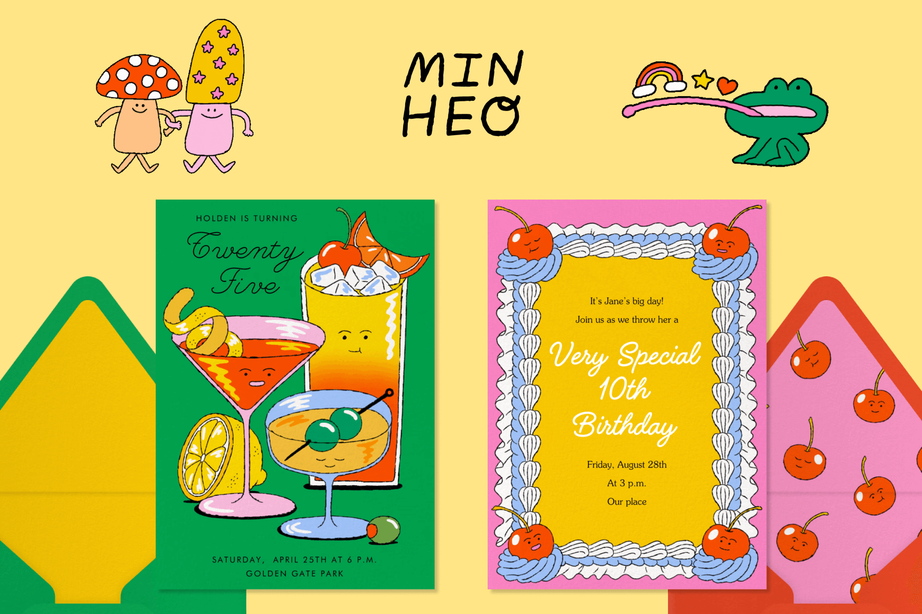 The logo for “Min Heo” above two invitations over a yellow background with illustrations of mushrooms and a frog: A green birthday invitation with drawings of cocktails with faces; A kids’ birthday invitation with an illustration of a cake with icing and cherries with faces. 