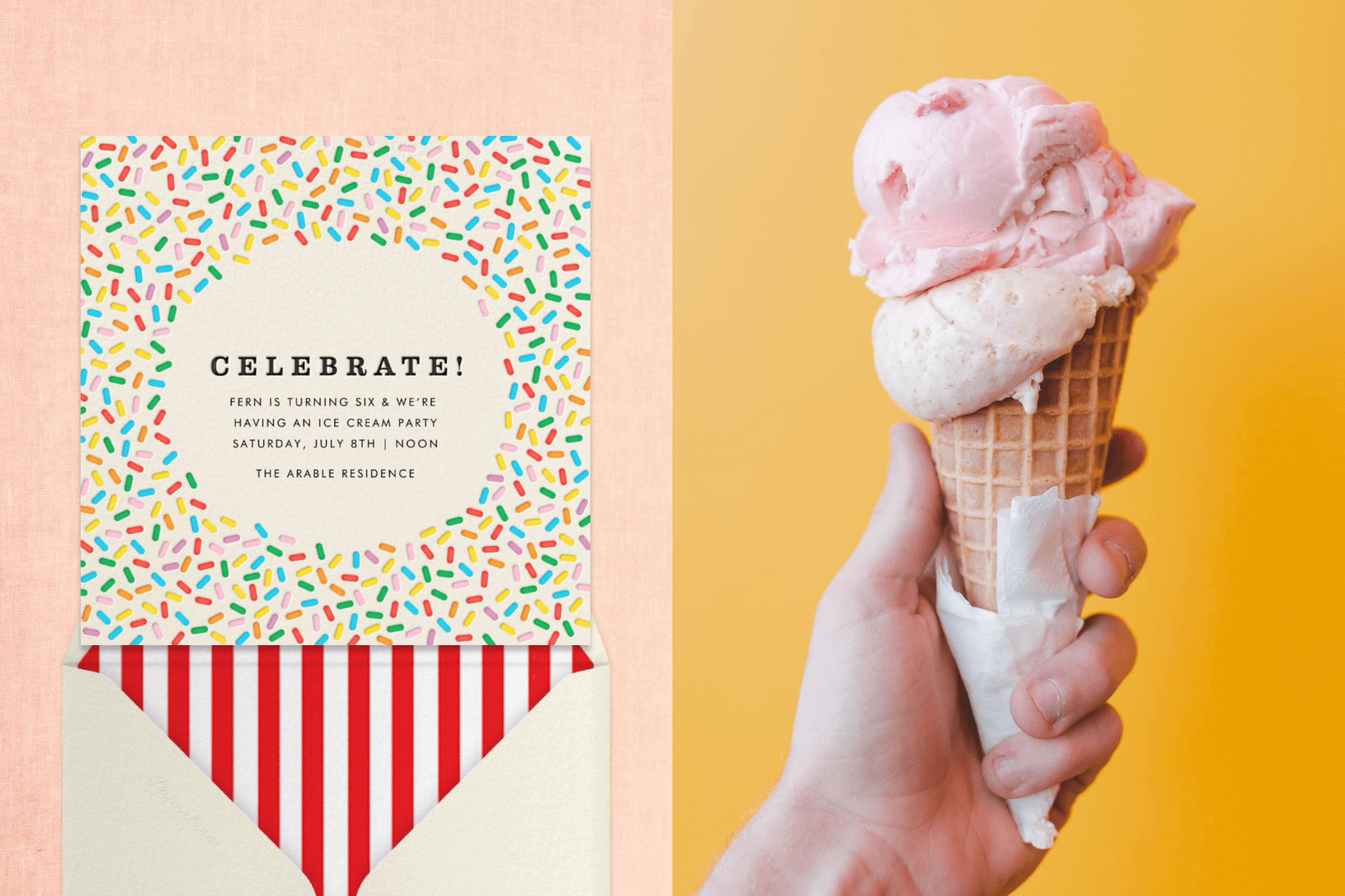 A hand holding an ice cream cone; An invitation with colorful sprinkles. 