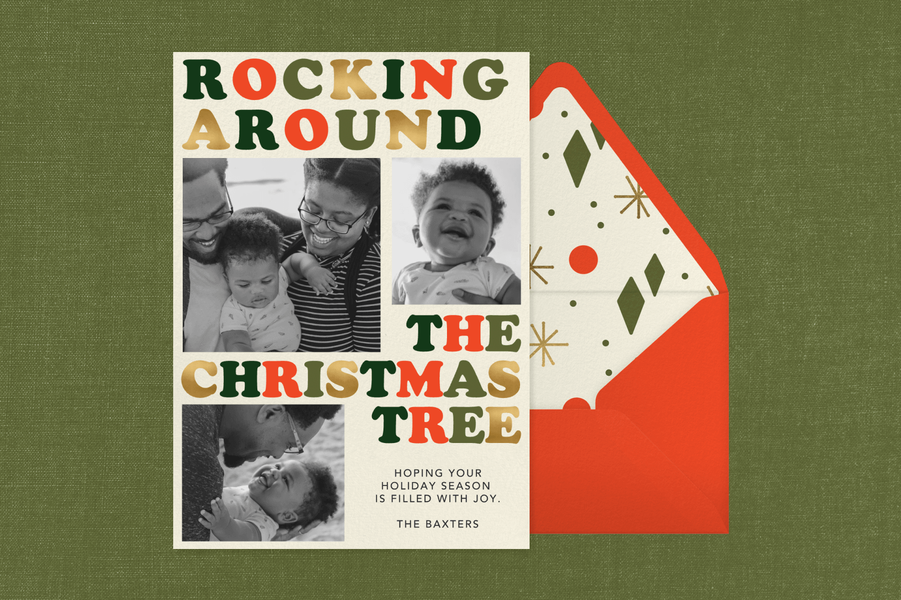 A Christmas card with three black and white family photos and colorful text over a dark green backdrop.