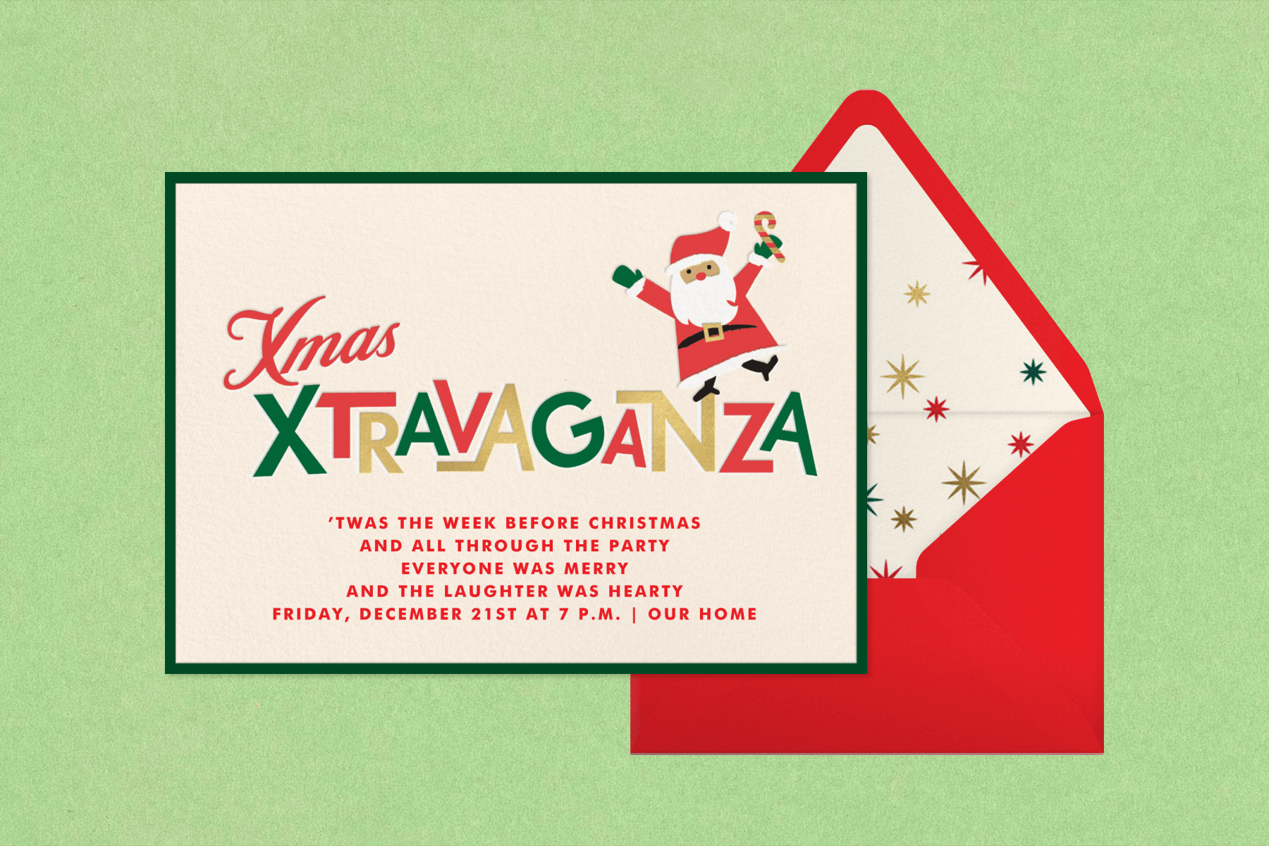 A Christmas party invitation with a cartoon Santa and colorful text reading ‘XMAS XTRAVAGANZA’ over a light green backdrop.