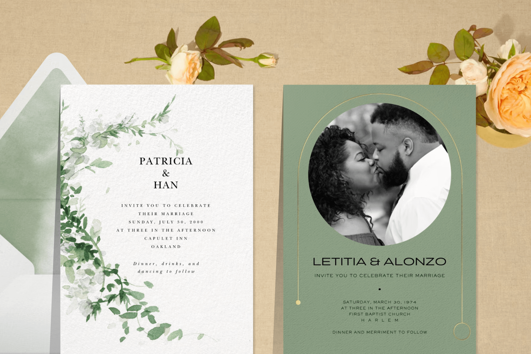 A white wedding invitation with a branch of green and white watercolor florals; A green wedding invitation with a circular photo of the couple under a golden arch.