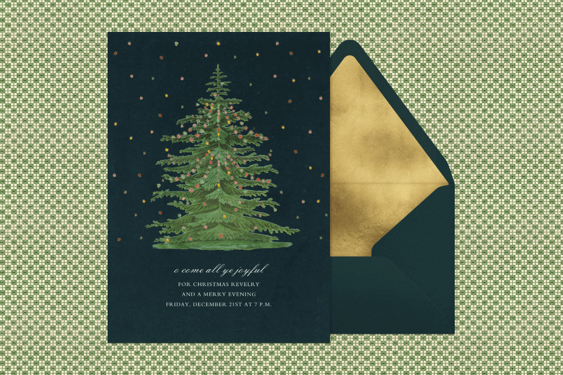 A holiday invitation with a tree decorated with colorful stars. 