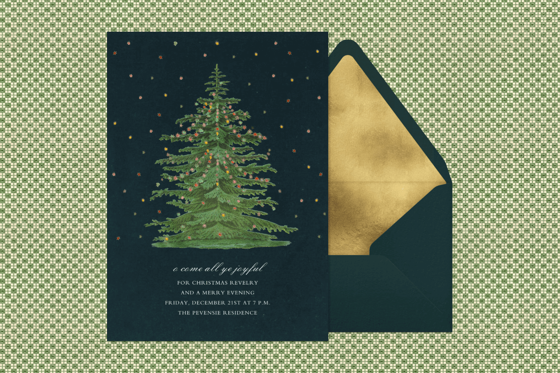 A holiday invitation with a tree decorated with colorful stars. 