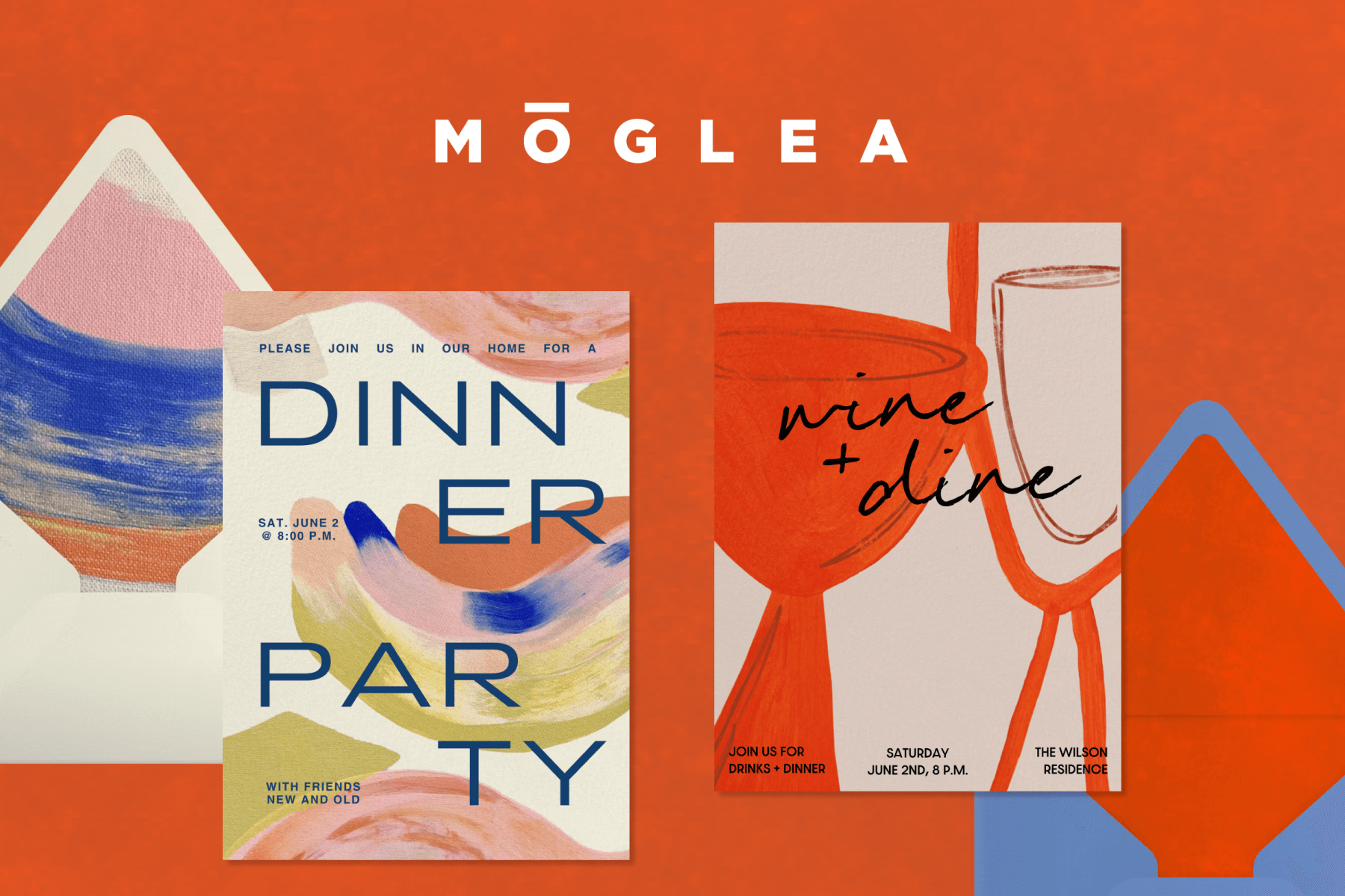 The logo for “Moglea” above two invitations over a red background: A dinner party invitation with colorful painted brush stroke designs; An invitation reading ‘WINE + DINE’ with red painted wine glasses.