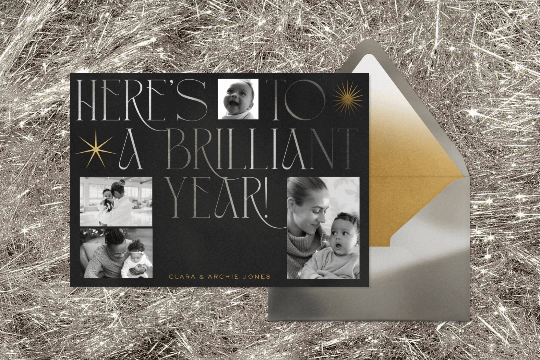 A New Year card featuring four black-and-white family photos on a black background with silver text and gold stars. 