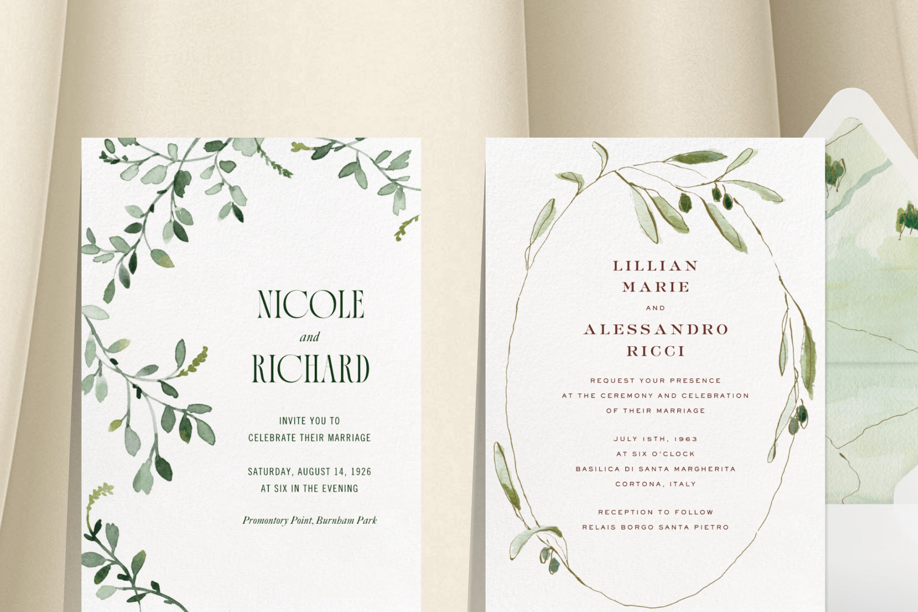 A white wedding invitation with watercolor green leaves; A white wedding invitation with a circular frame of watercolor green leaves.