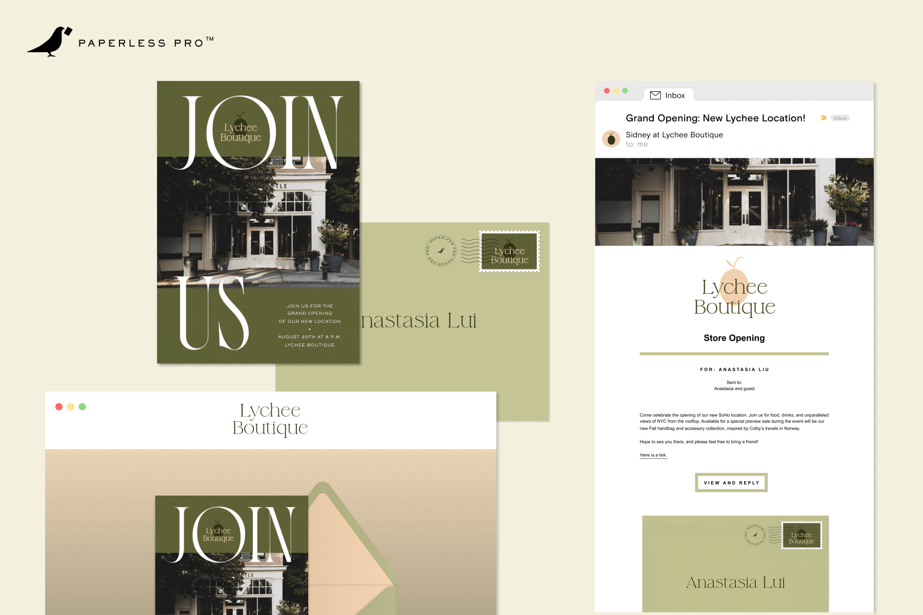 An invitation, envelope, event page, and email with matching branding including the company’s name, logo, and color scheme. 