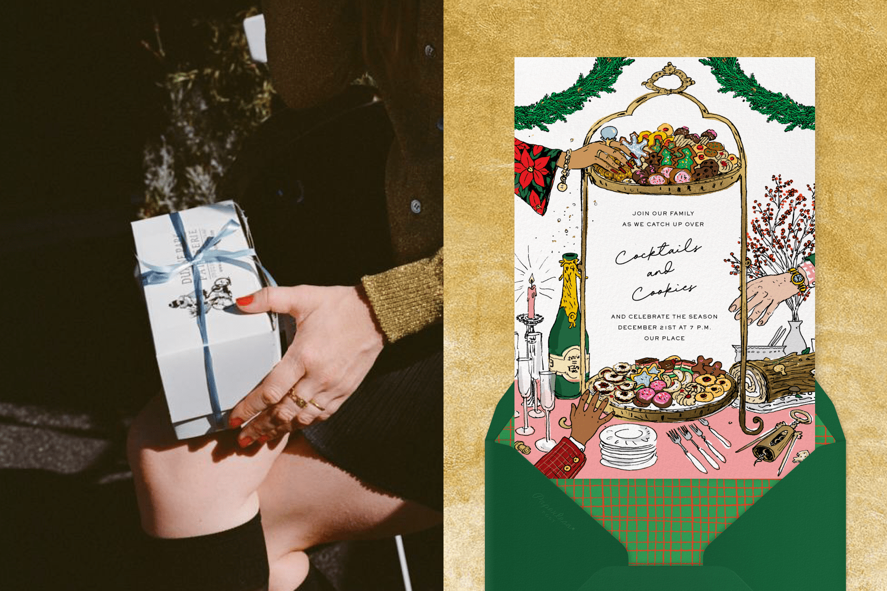 Left: A close-up of Joana Avillez holding a white gift box with blue ribbon; Right: A festive invitation of hands grabbing cookies off an ornate tray. 