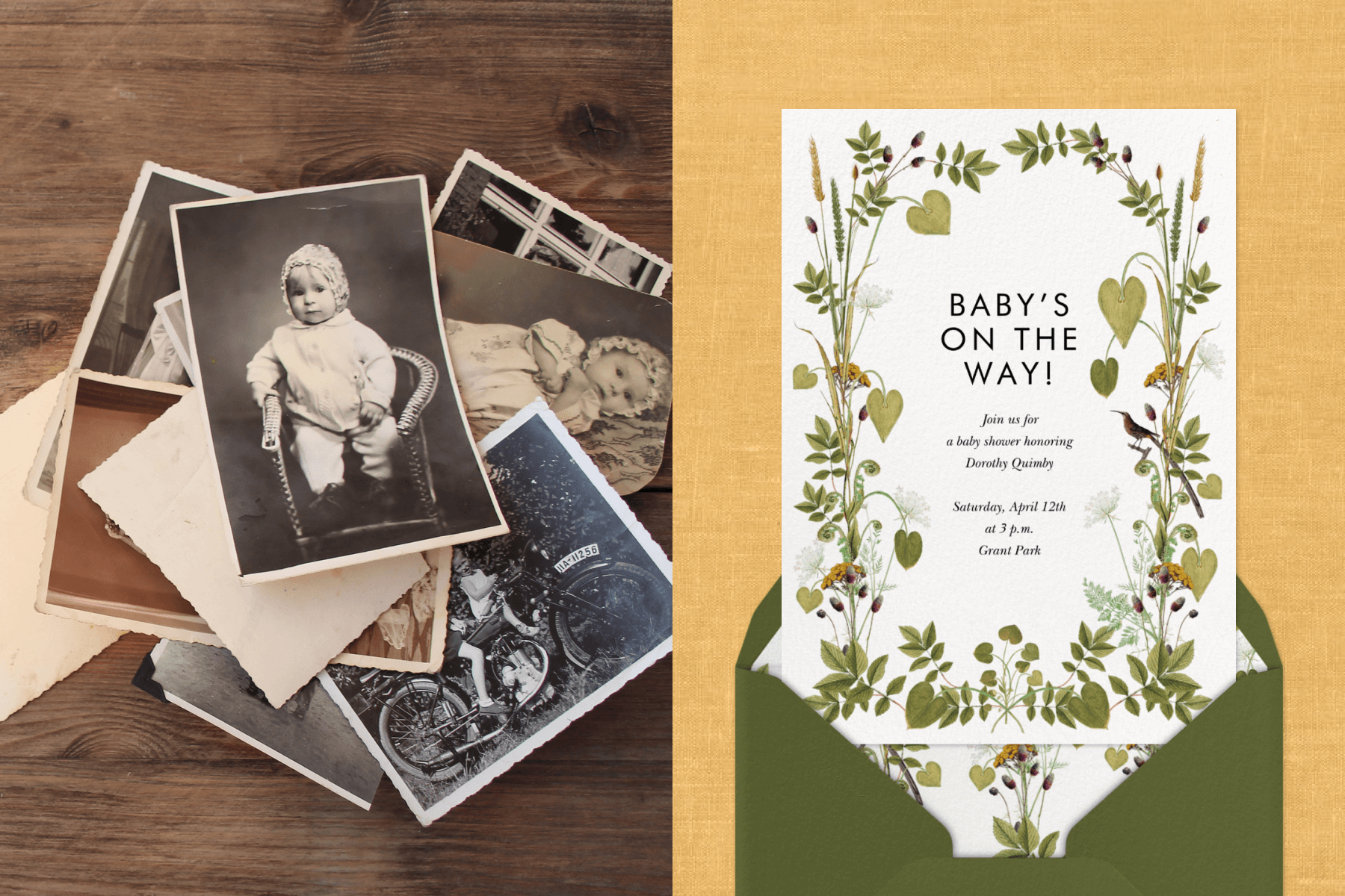 A baby shower invitation with green leaves and florals; A pile of vintage-looking baby photos.