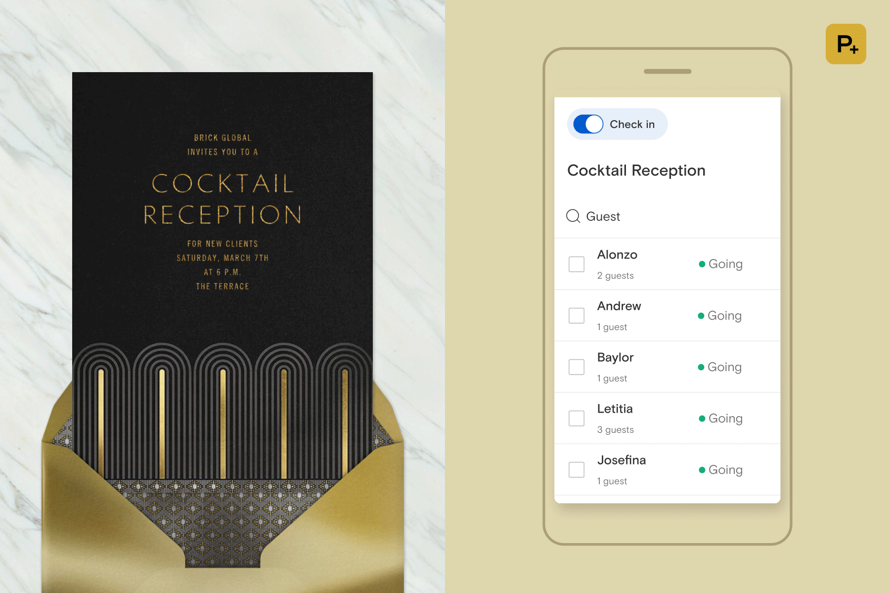 A cocktail reception invitation; A phone screen displaying a guest list being checked in on the Paperless Post app. 