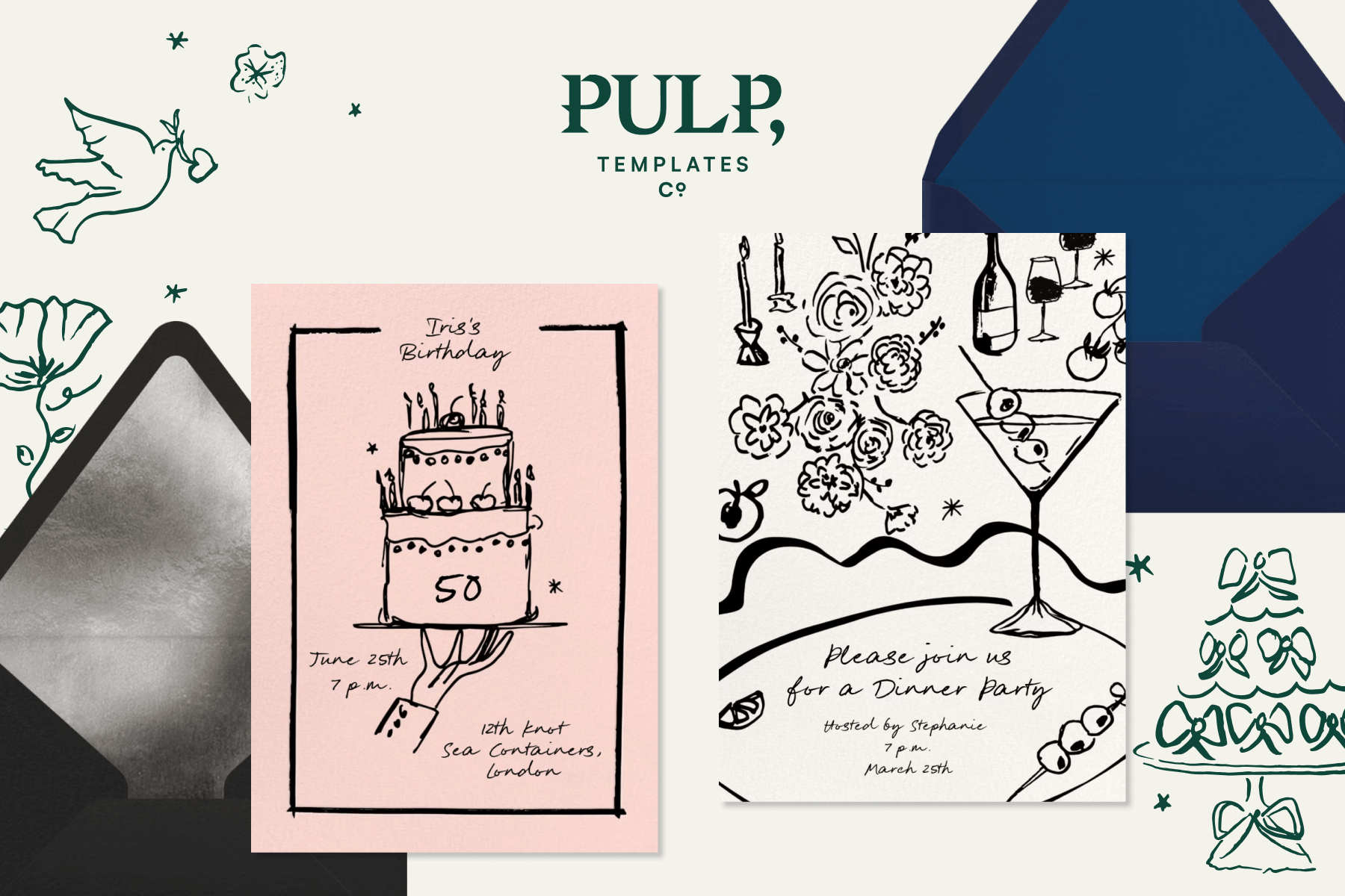 The logo for “Pulp Templates Co.” above two invitations over a background with drawings of flowers, cake, and a bird: A pink birthday invitation with a drawing of a hand holding a cake; A dinner party invitation with drawings of flowers, wine, candles, and a martini.