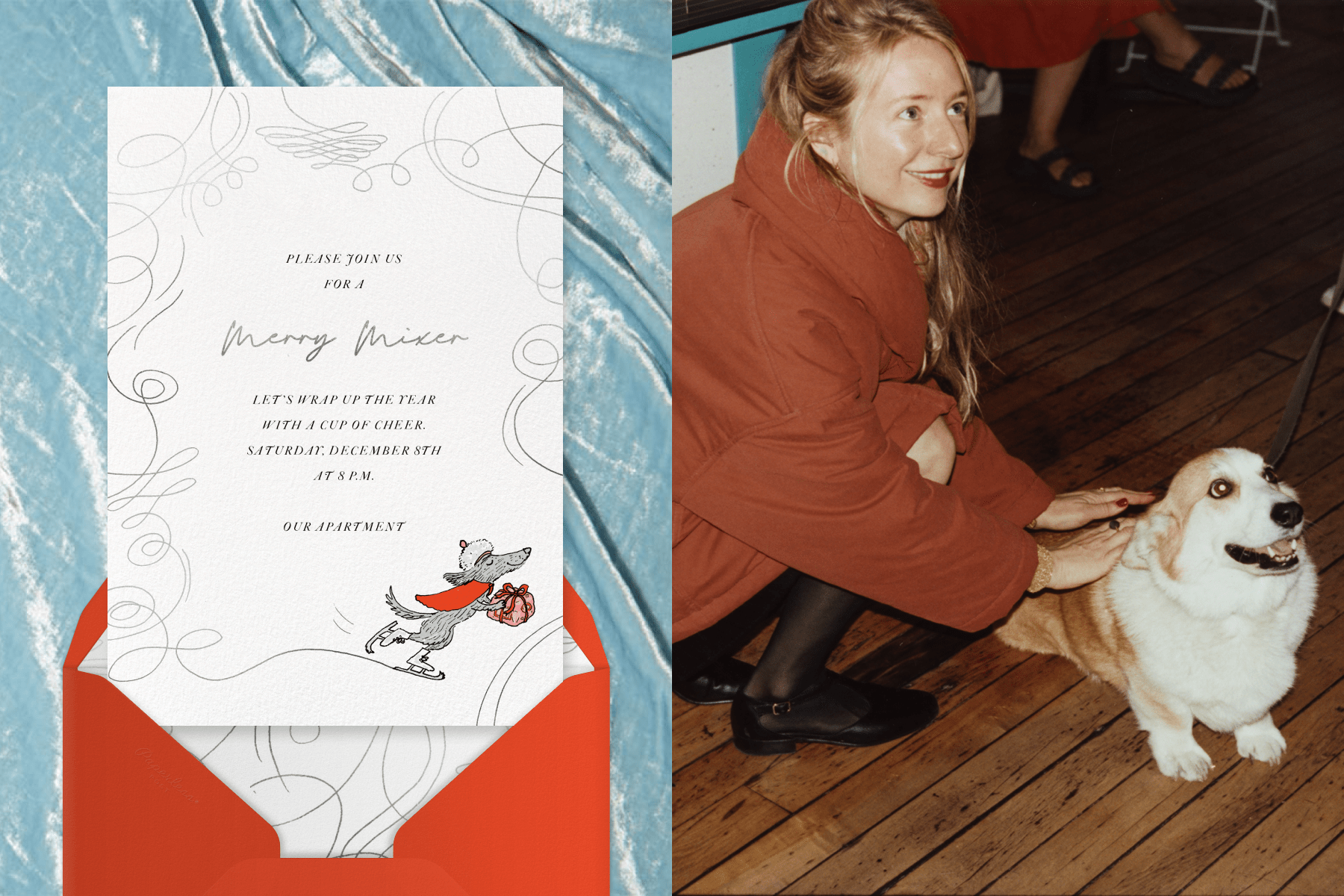 Left: A holiday invitation featuring an ice-skating wonderland; Right: Joana Avillez bending down to pet a dog. 