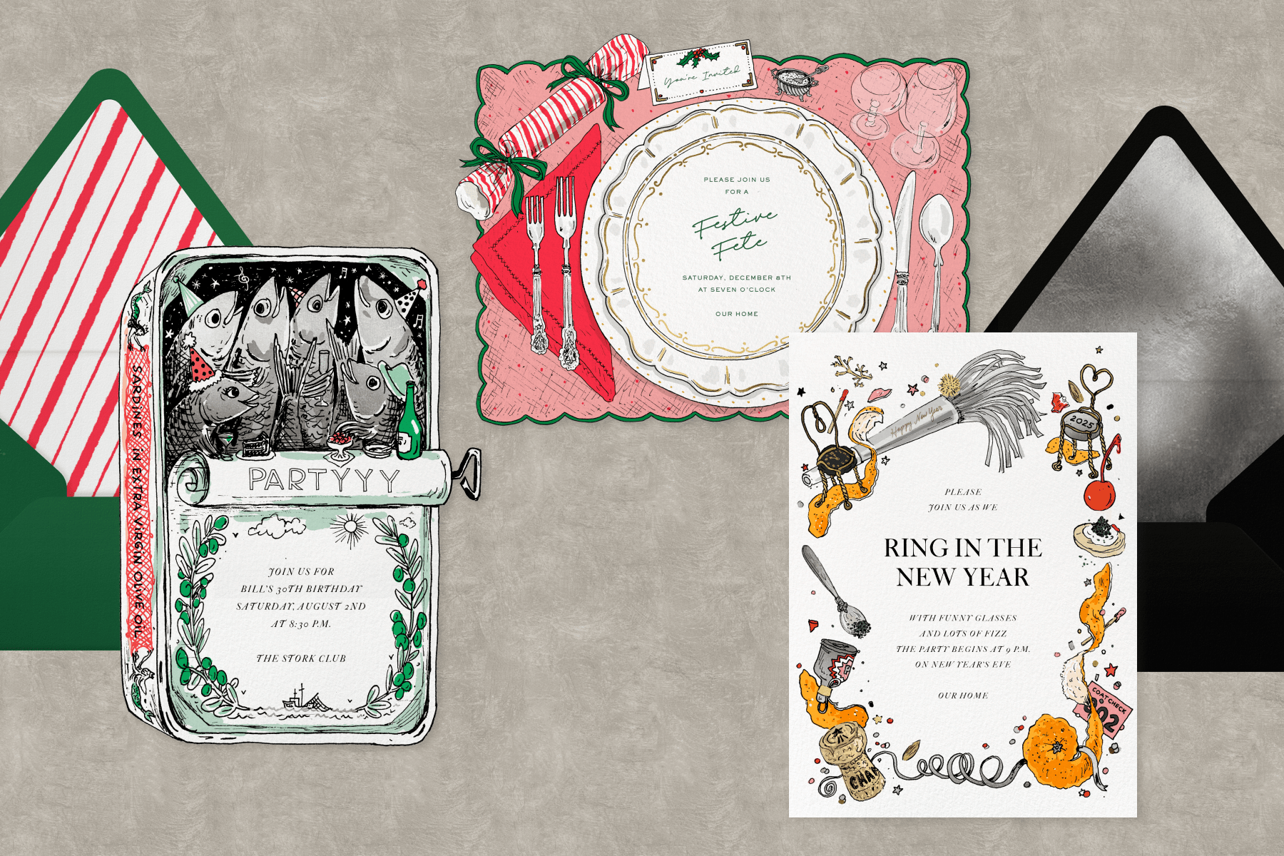 A collection of three party invitations featuring playful illustrations: one for a birthday party with fish in a tin, one for a festive dinner, and one to ‘Ring in the New Year’ with celebratory decorations.