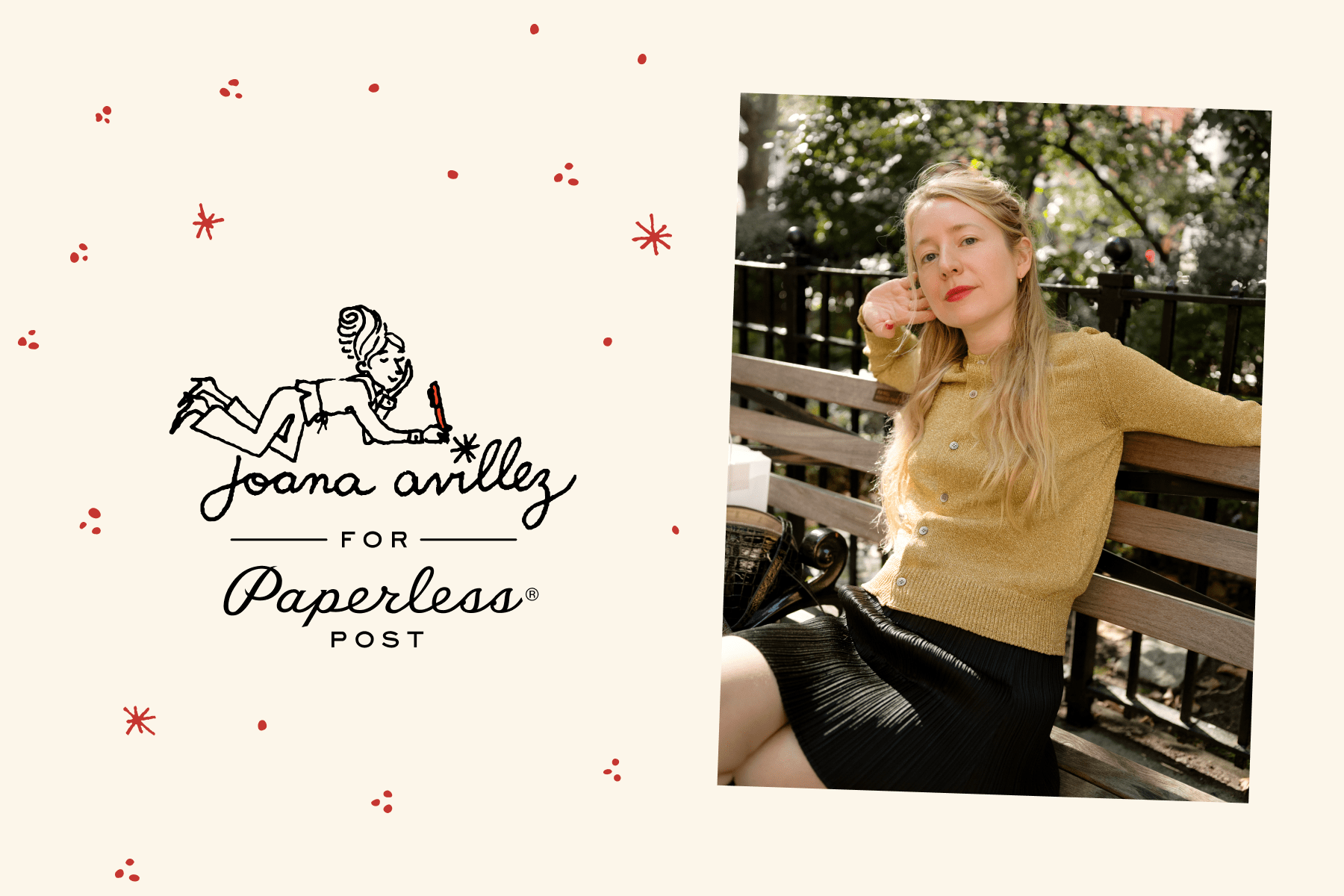 A portrait of Joana Avillez on a park bench next to the the logo, ‘Joana Avillez for Paperless Post”