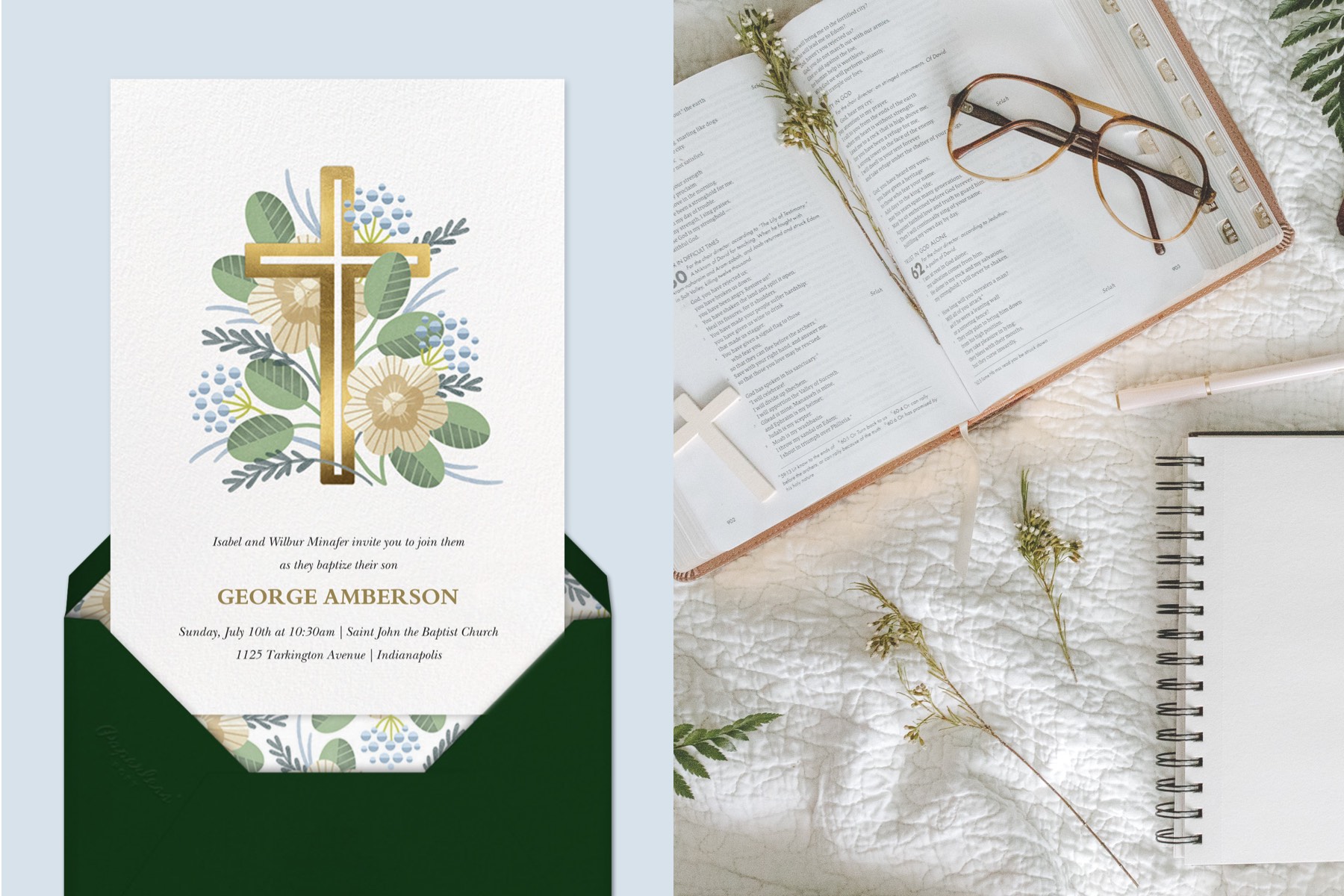 jäljellä: kortti, jossa näkyy kultainen risti kukkien ympäröimänä. Oikealla: avoin raamattu, jossa on viherpiiperryksiä, silmälaseja ja pieni risti. 