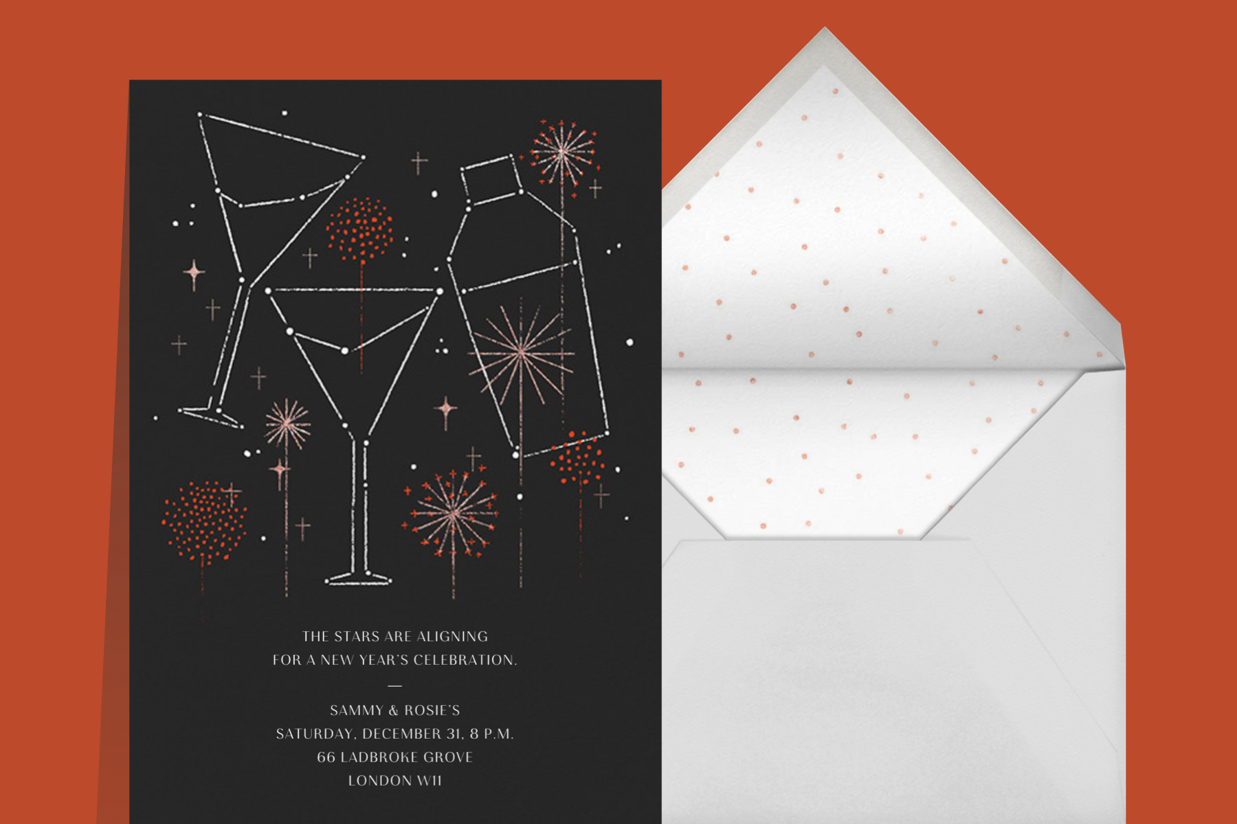 New Years Eve cocktail party invitation wording featuring a martini shaker and two glasses as constellations in the sky