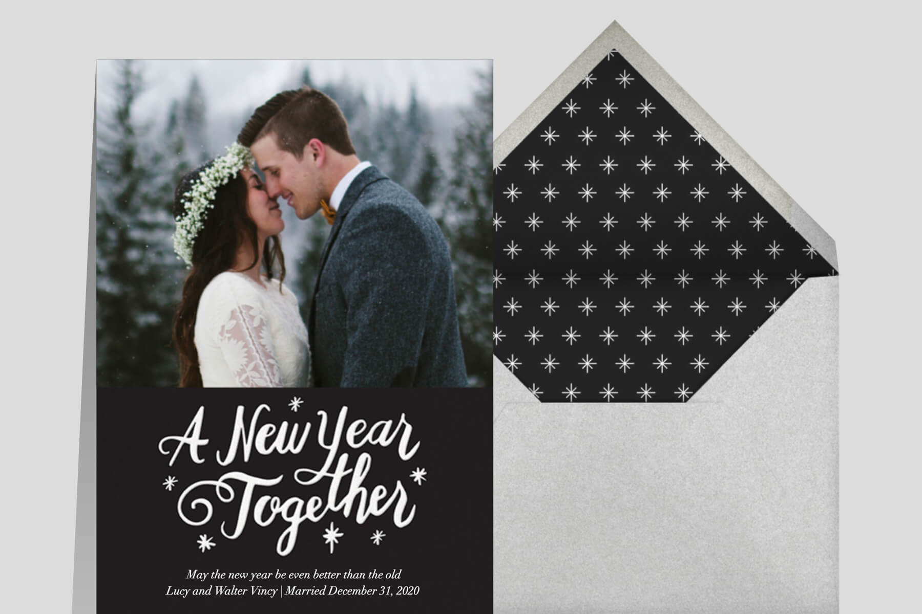 New Year's Eve wedding invitation wording ideas from Paperless Post featuring a photo card that reads A New Year Together