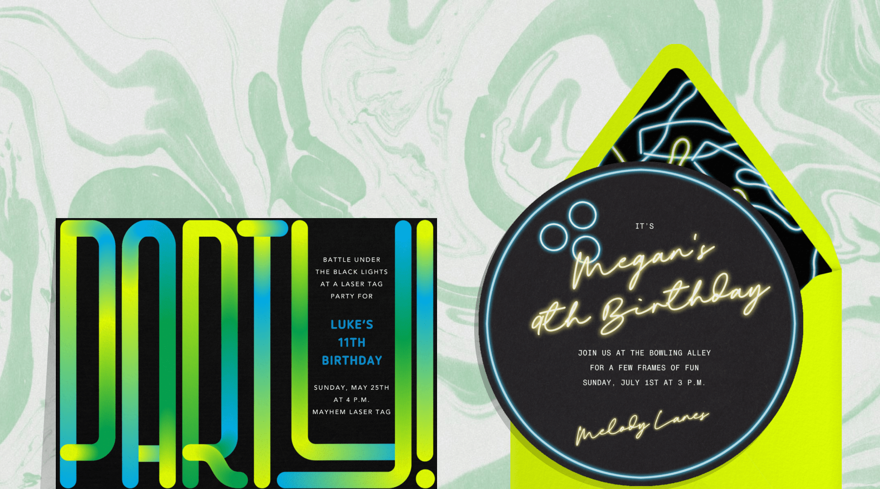 An invitation with large letters reading PARTY! in mottled bright green and blue; a round invitation resembling a bowling ball with fluorescent script text on a highlighter-green envelope.