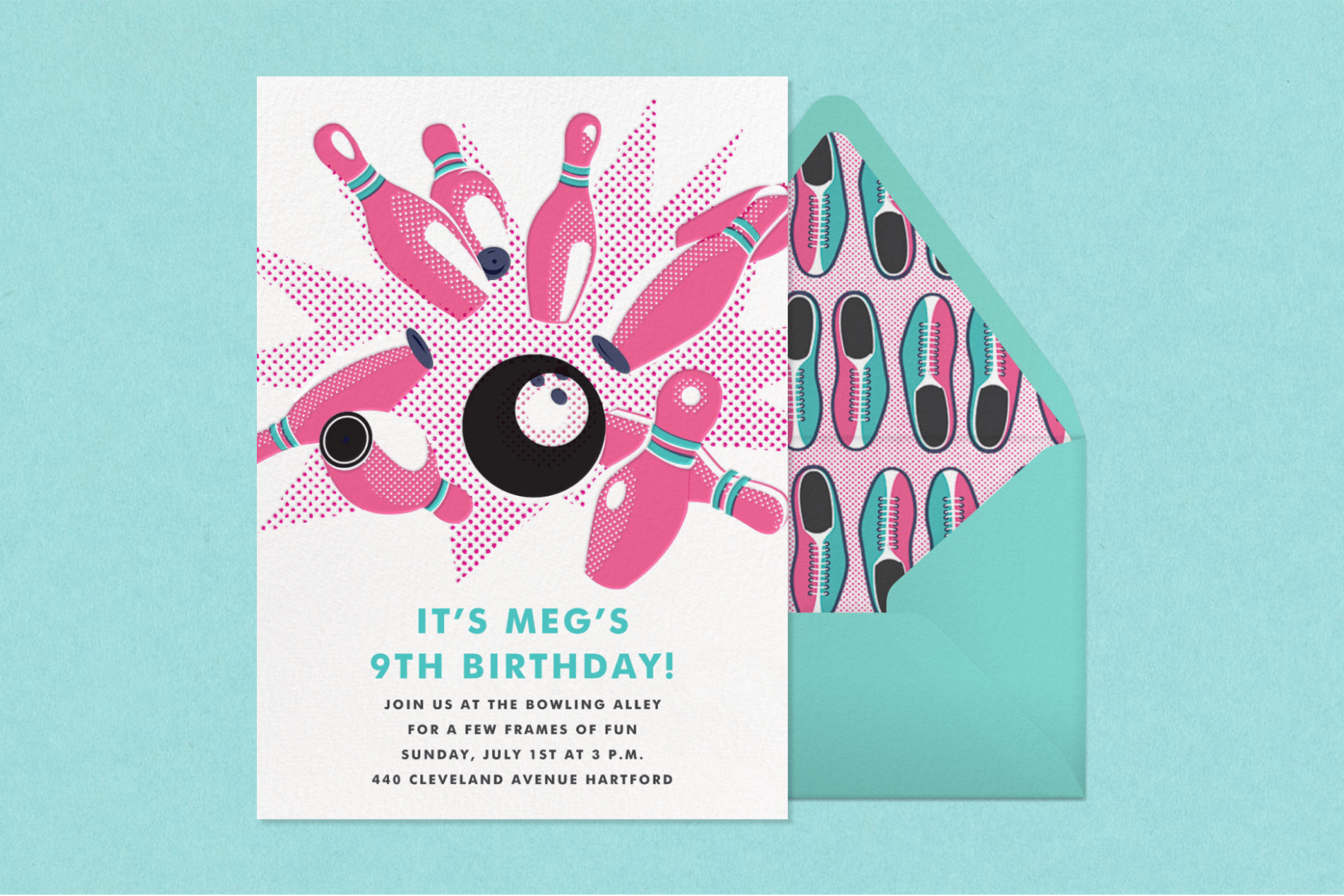 A birthday invitation with a pink rasterized image of a bowling ball knocking down pins beside a turquoise envelope with bowling shoes liner.