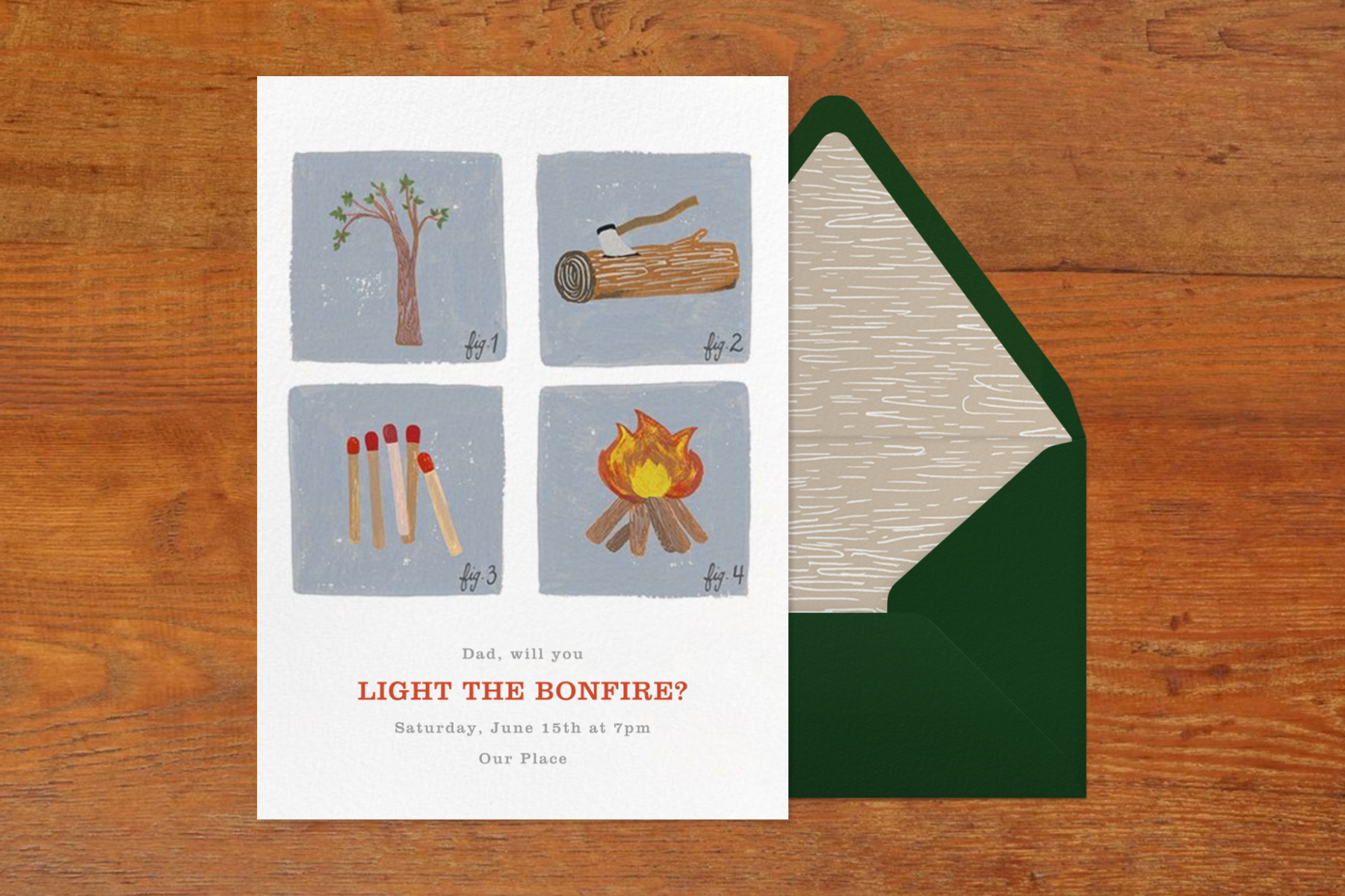 A Father’s Day invitation with illustrations of a tree, an ax and log, matchsticks, and a fire next to a green envelope.