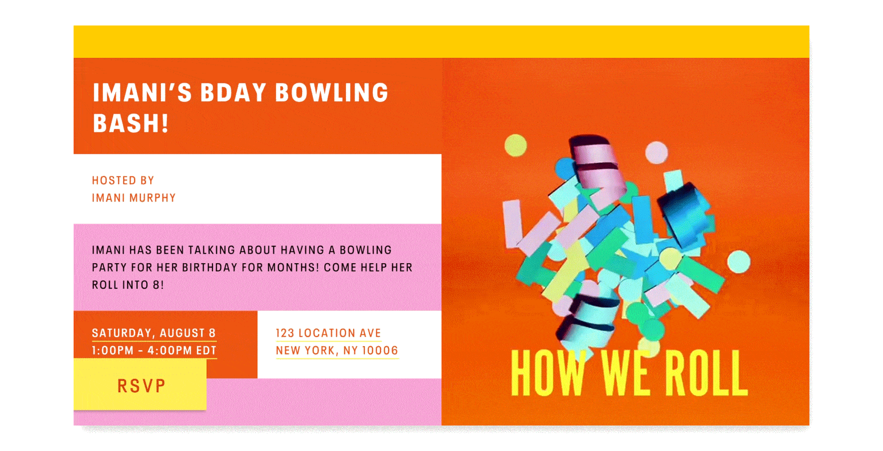 An orange, pink, and yellow online invite with an animation of a bowling ball hitting pins and exploding into confetti with the words HOW WE ROLL.