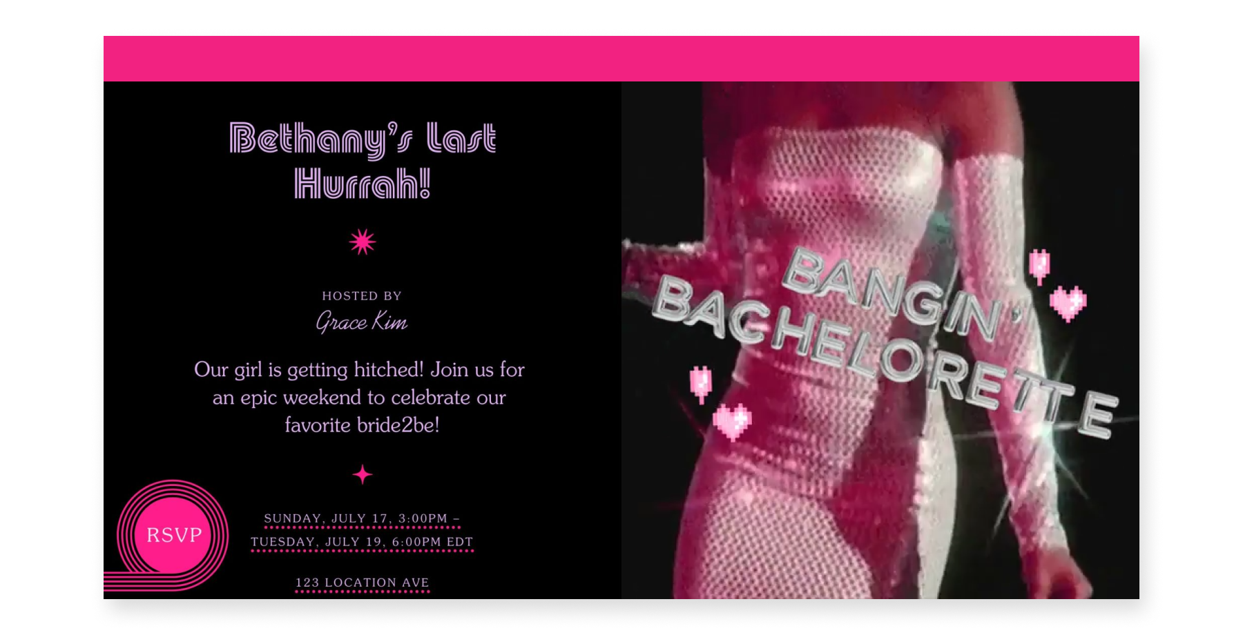 A pink and black online invite with the words BANGIN’ BACHELORETTE in silver balloon letters and an animation of a woman dancing in a sparkly dress.
