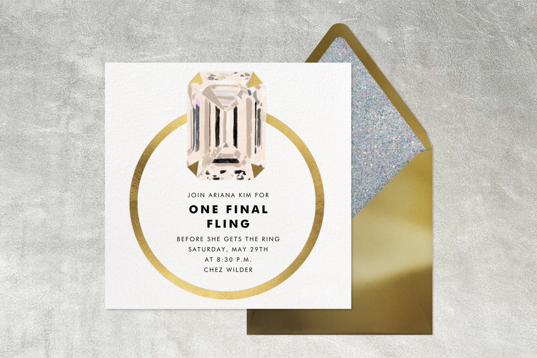 A square invitation for ONE FINAL FLING with a large emerald cut diamond ring, beside a gold and silver envelope.