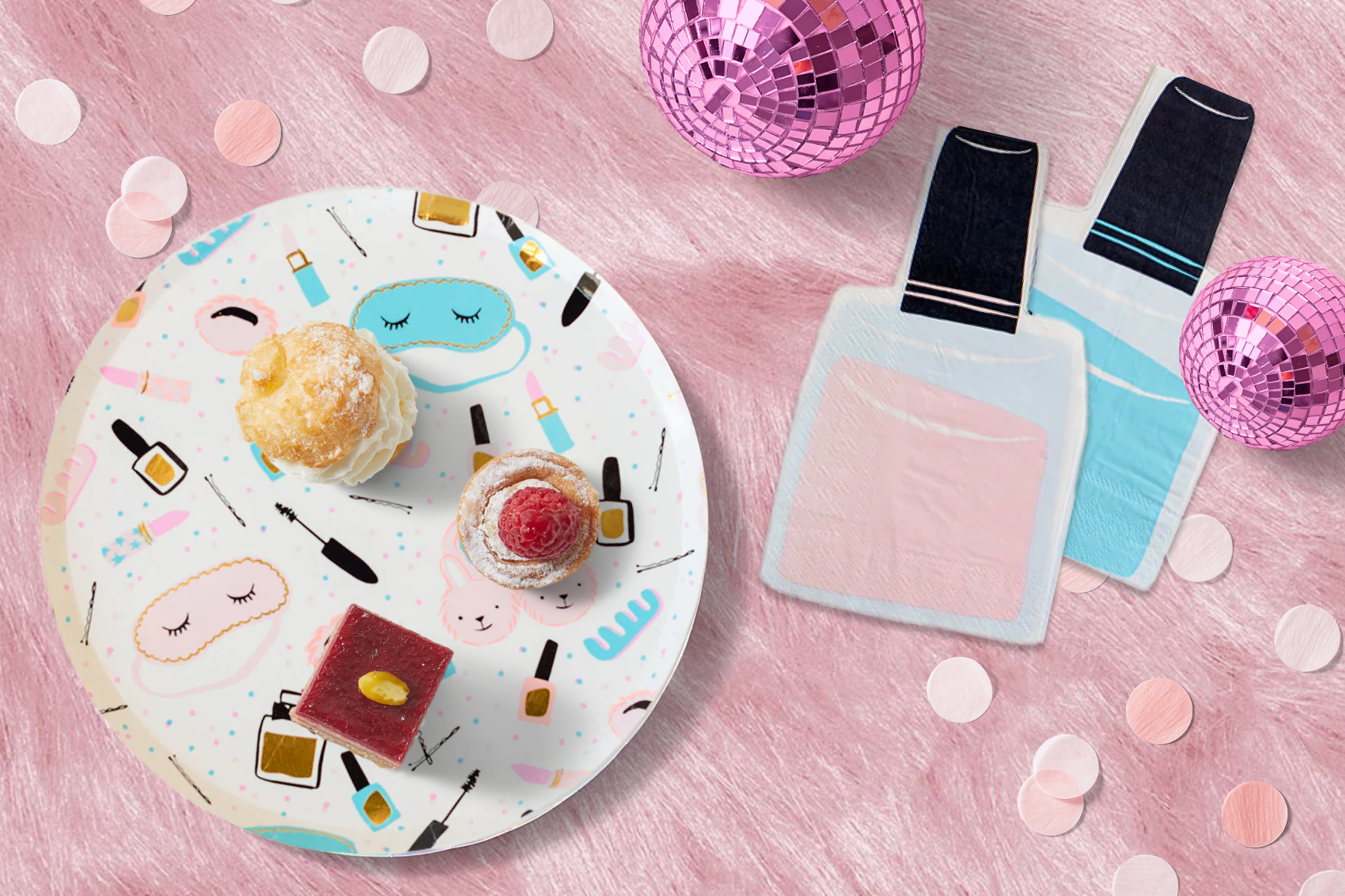 Slumber party-themed paper plate and nail polish bottle-shaped napkins with small baked treats and pink disco balls.