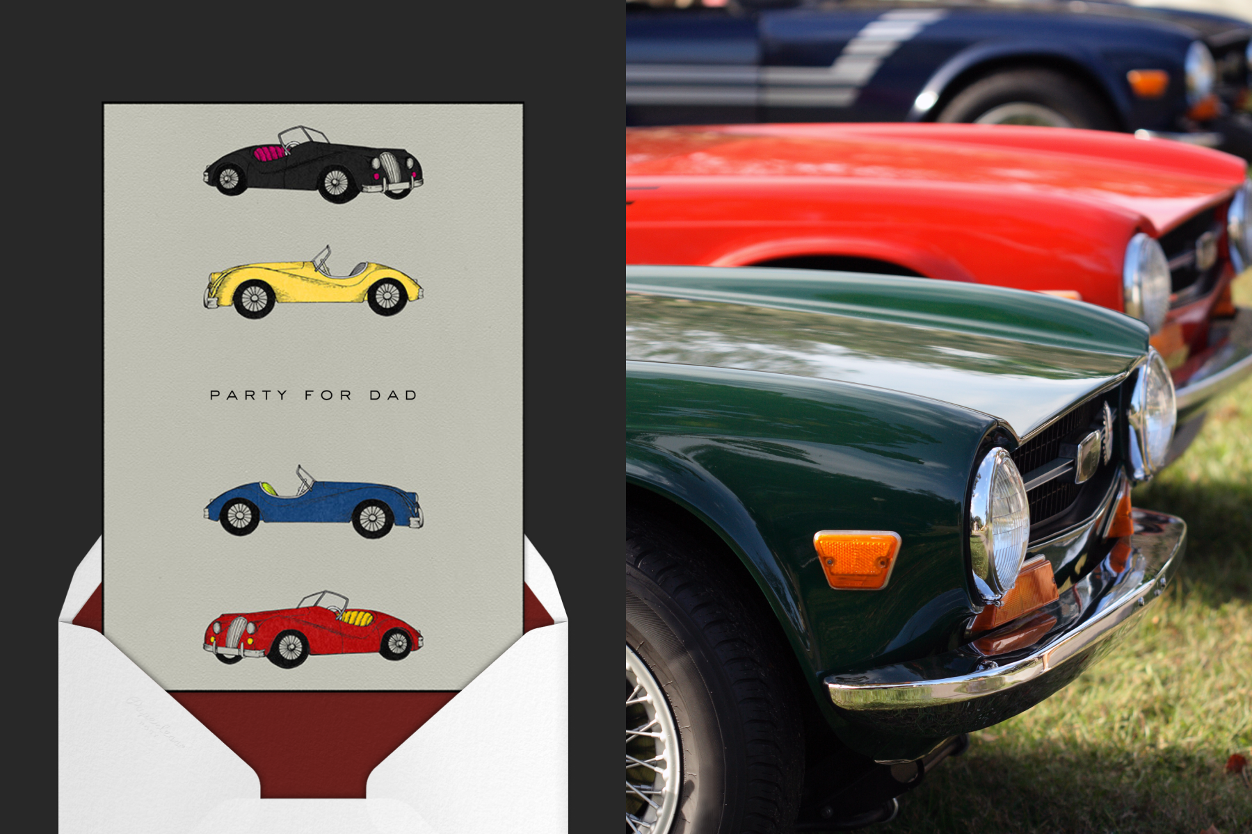 A gray Father’s Day invitation with illustrations of vintage cards; a close-up shot of three vintage cars in a row.