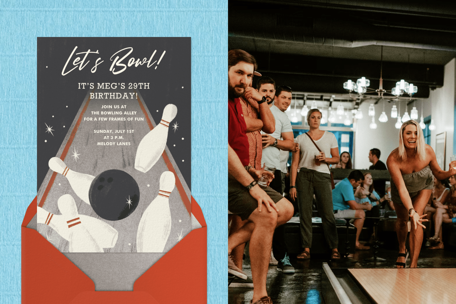 An invitation reads LET’s BOWL! In script with an illustration of a bowling ball knocking down pins in a lane above a red envelope; several young adults holding drinks look on as a woman appears to bowl. 