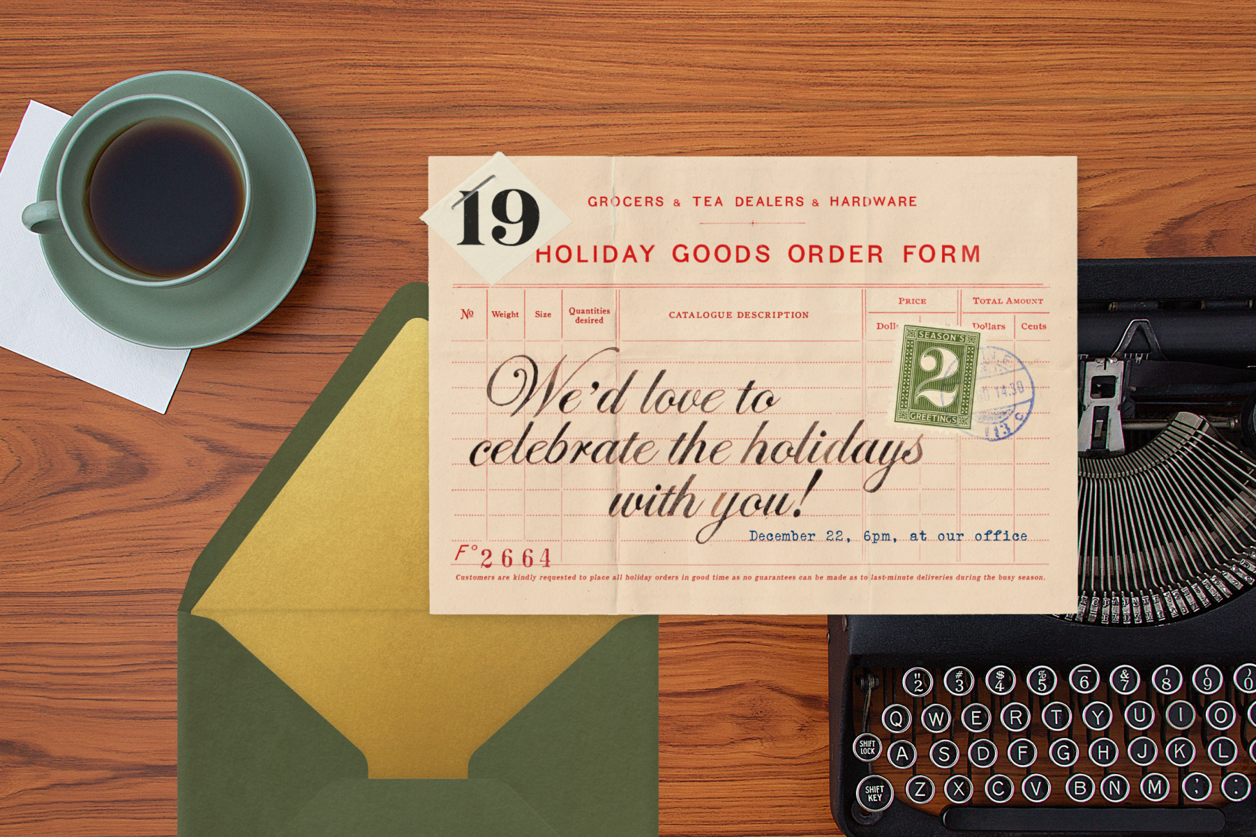 A cream colored invitation with red text in the style of a vintage order form with cursive black text inviting you to celebrate the holidays. A green colored envelope with a gold liner sits behind it.