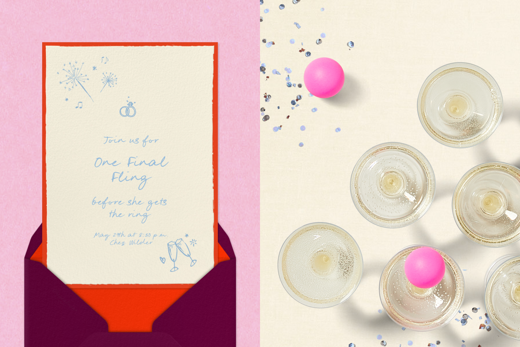 An invitation for ONE FINAL FLING with a red border and blue doodles of sparklers, Champagne flutes, and wedding rings emerging from a maroon envelope; coupe glasses in a triangle formation with pink ping pong balls and confetti.
